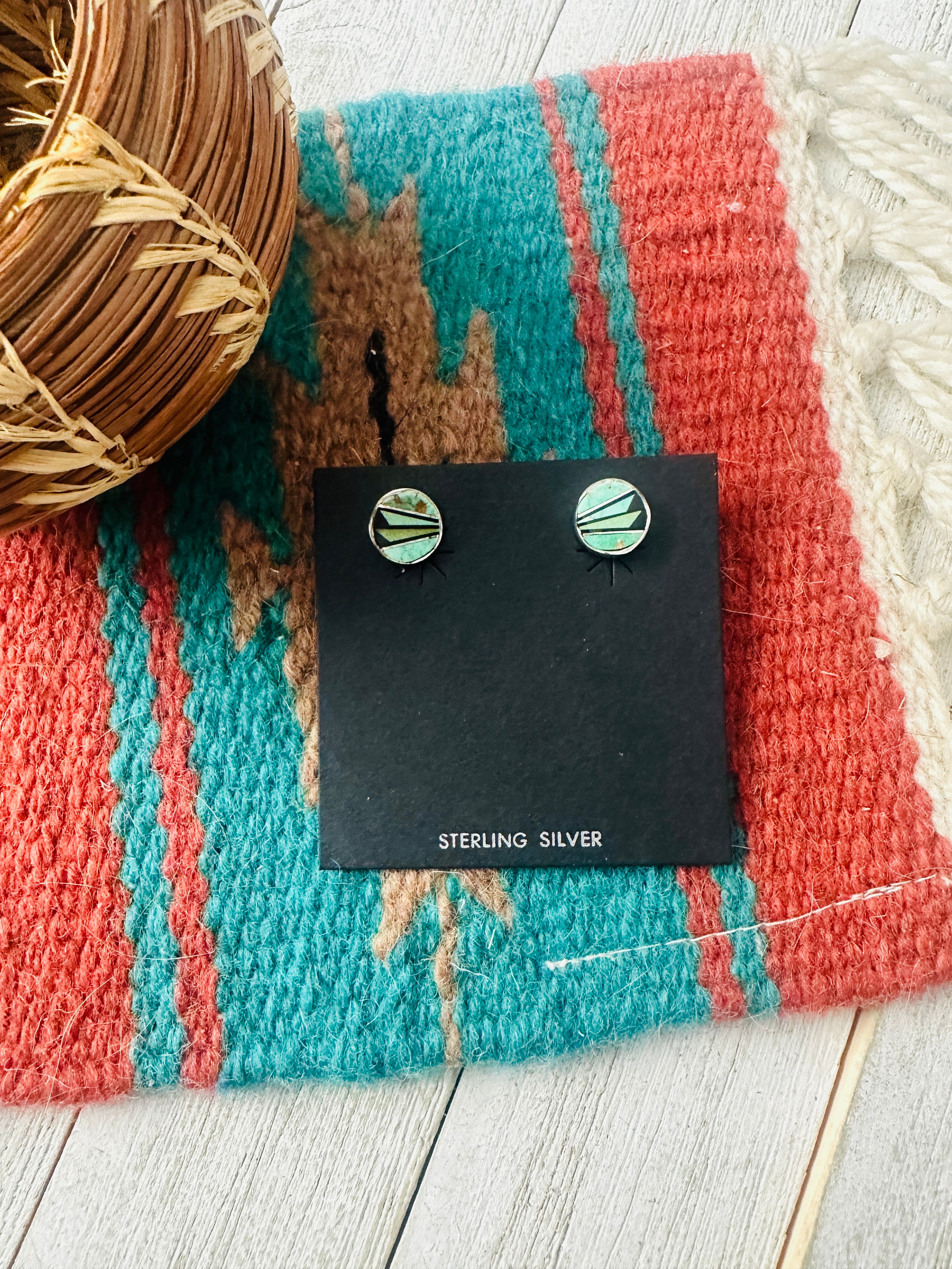 Navajo Turquoise, Onyx & Sterling Silver Inlay Stud Earrings