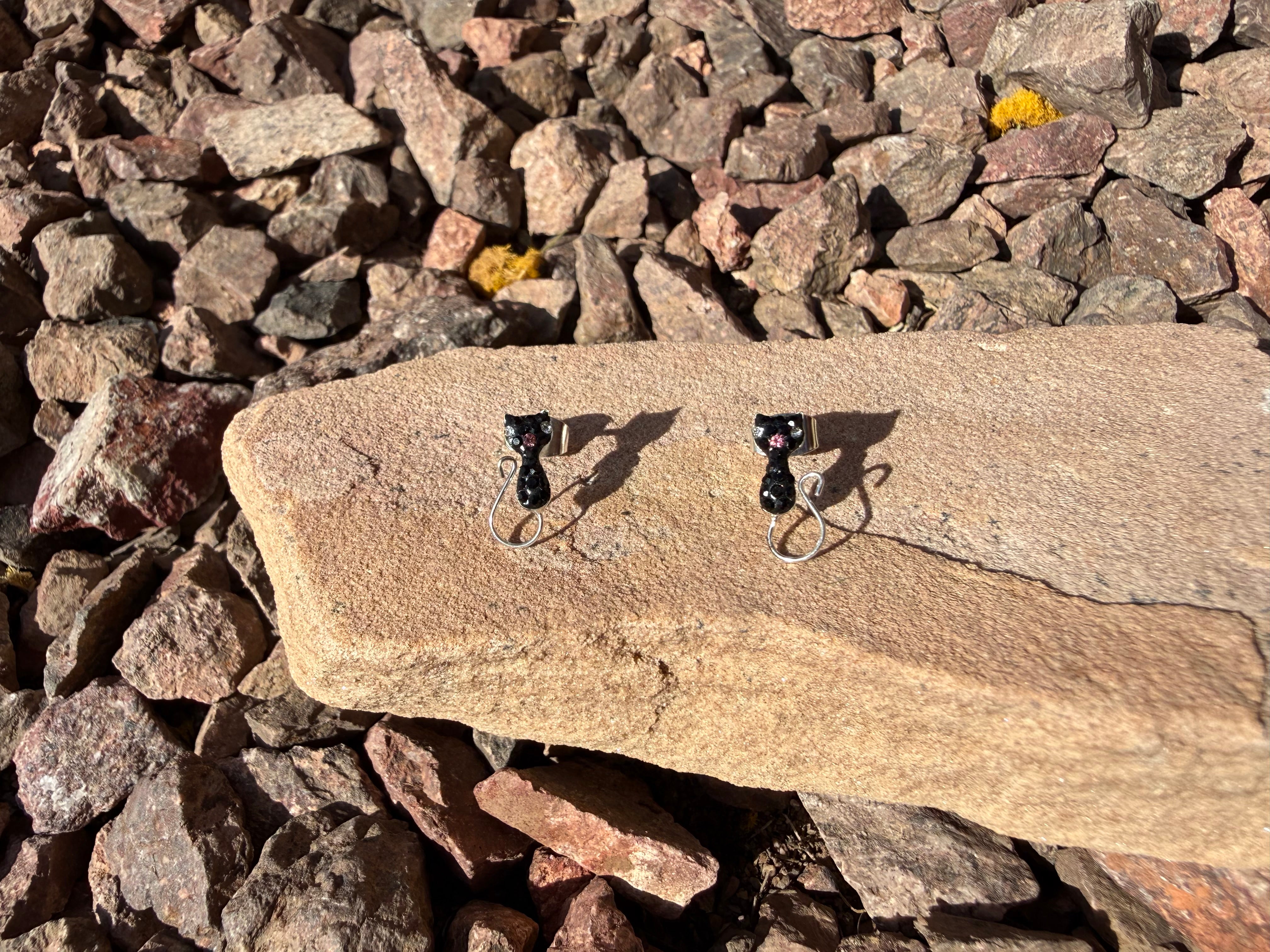 Black Cat CZ Sterling Silver Stud Earrings