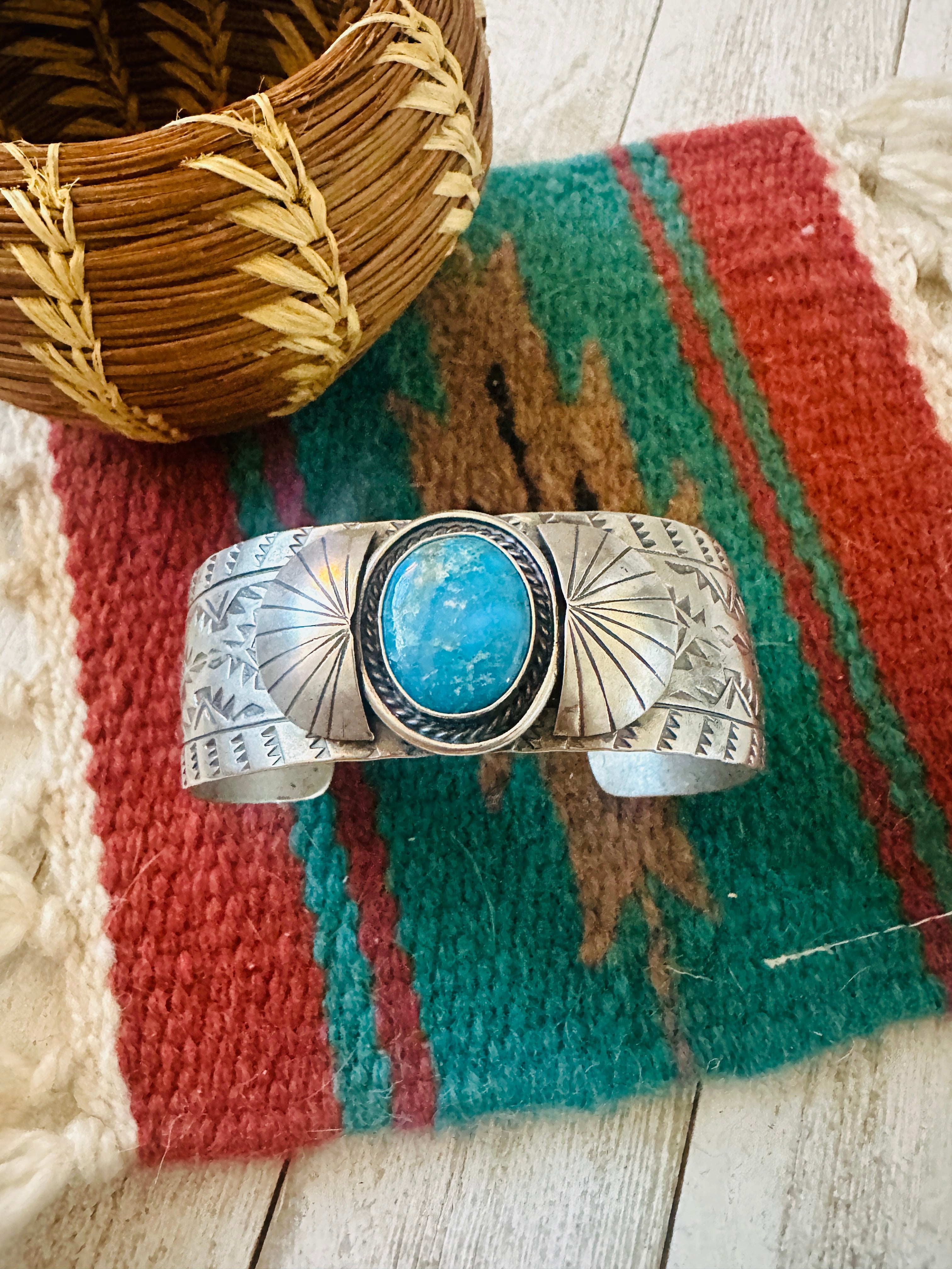 Navajo Hand Stamped Sterling Silver & Turquoise Cuff Bracelet