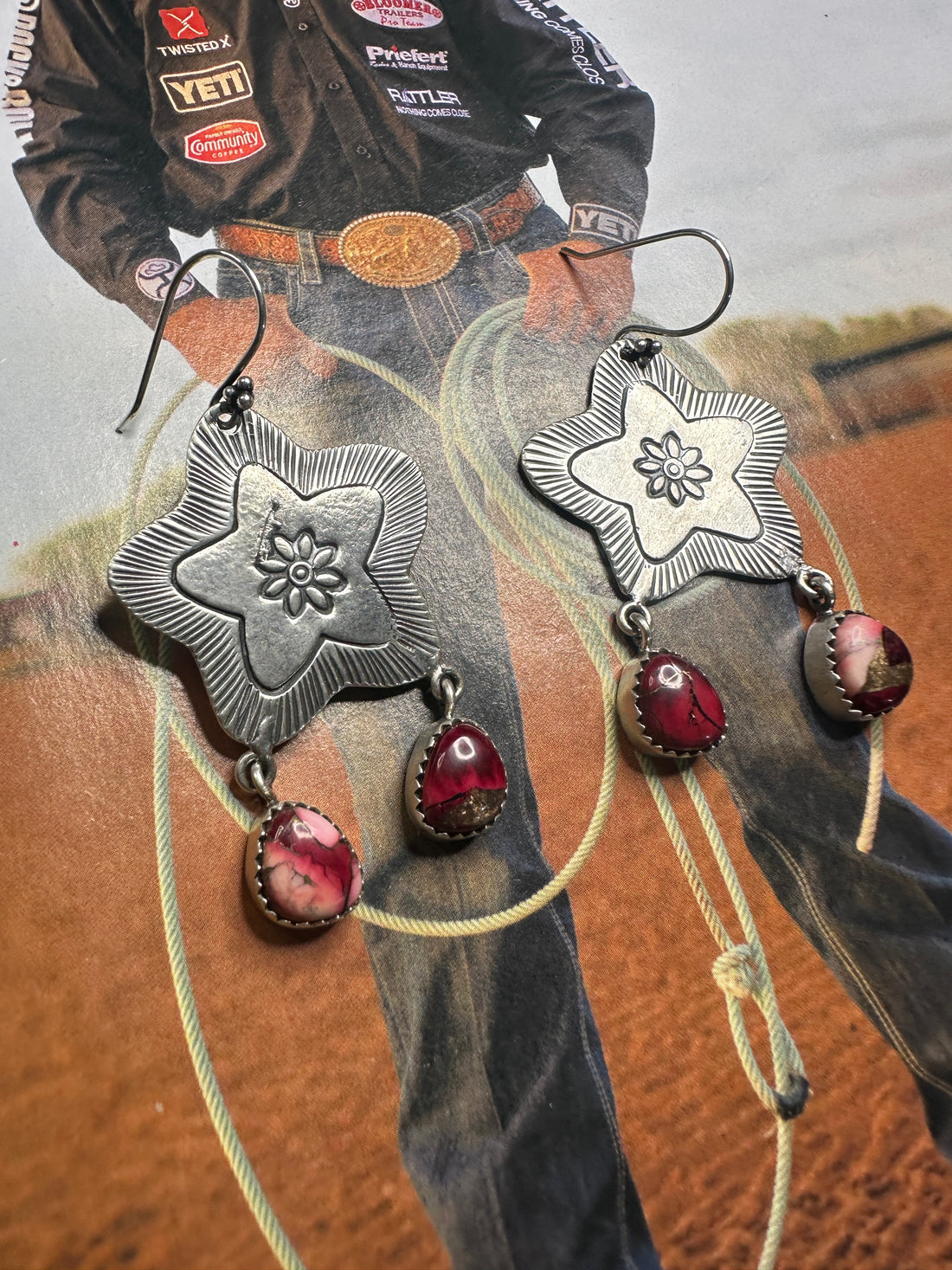 Handmade Sterling Silver Dahlia Rose Triangle STAR Dangle Earrings