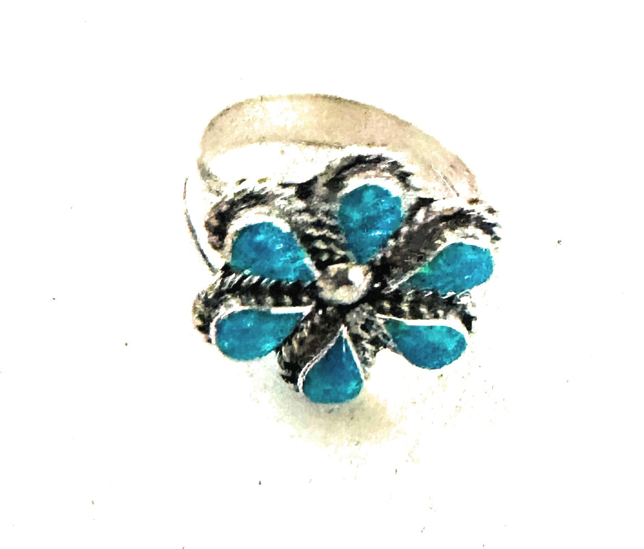 Zuni Sterling Silver & Blue Opal Flower Ring Size 7.5