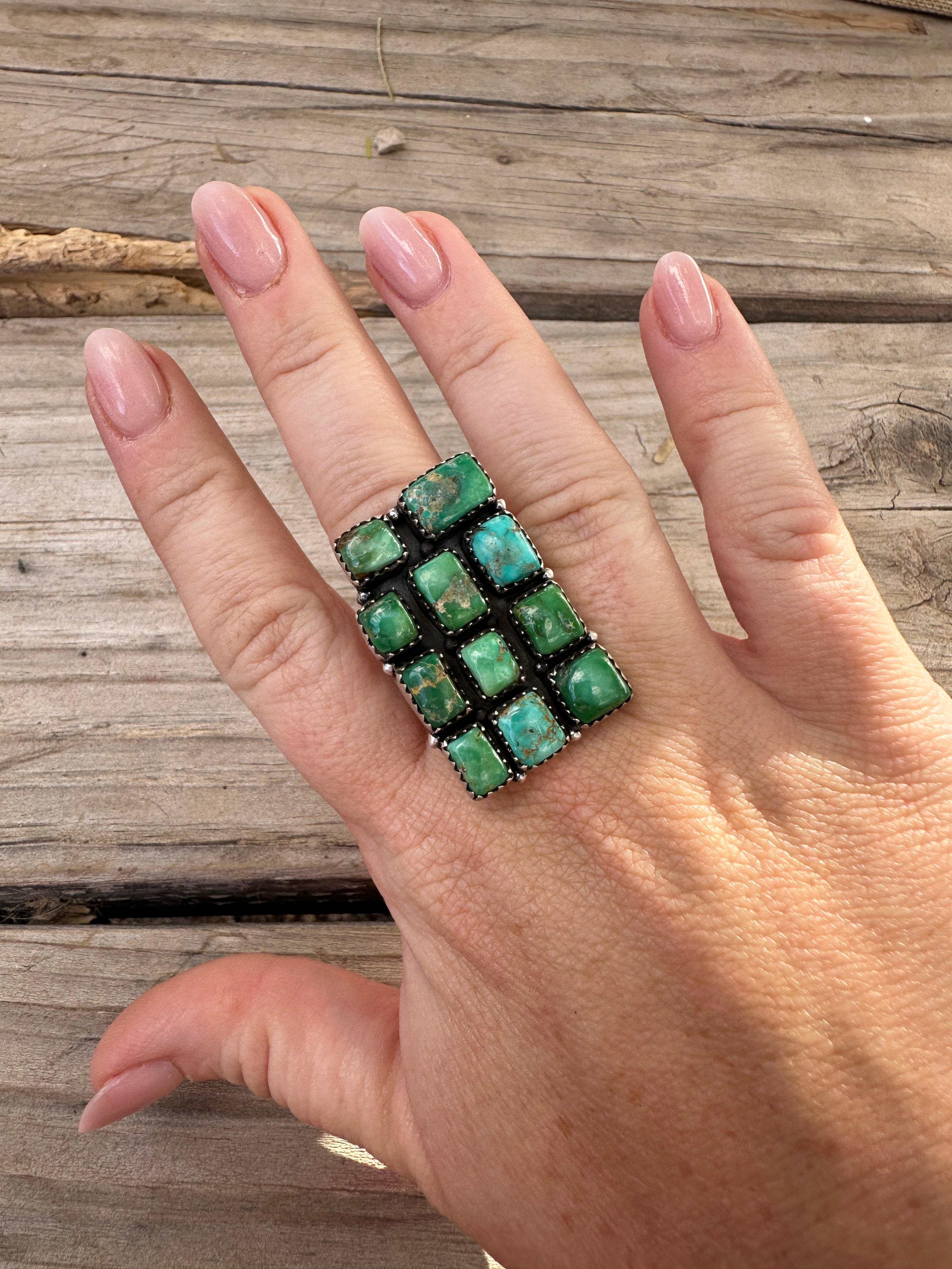 Handmade Emerald Valley Turquoise & Sterling Silver Adjustable Rectangle Cluster Ring