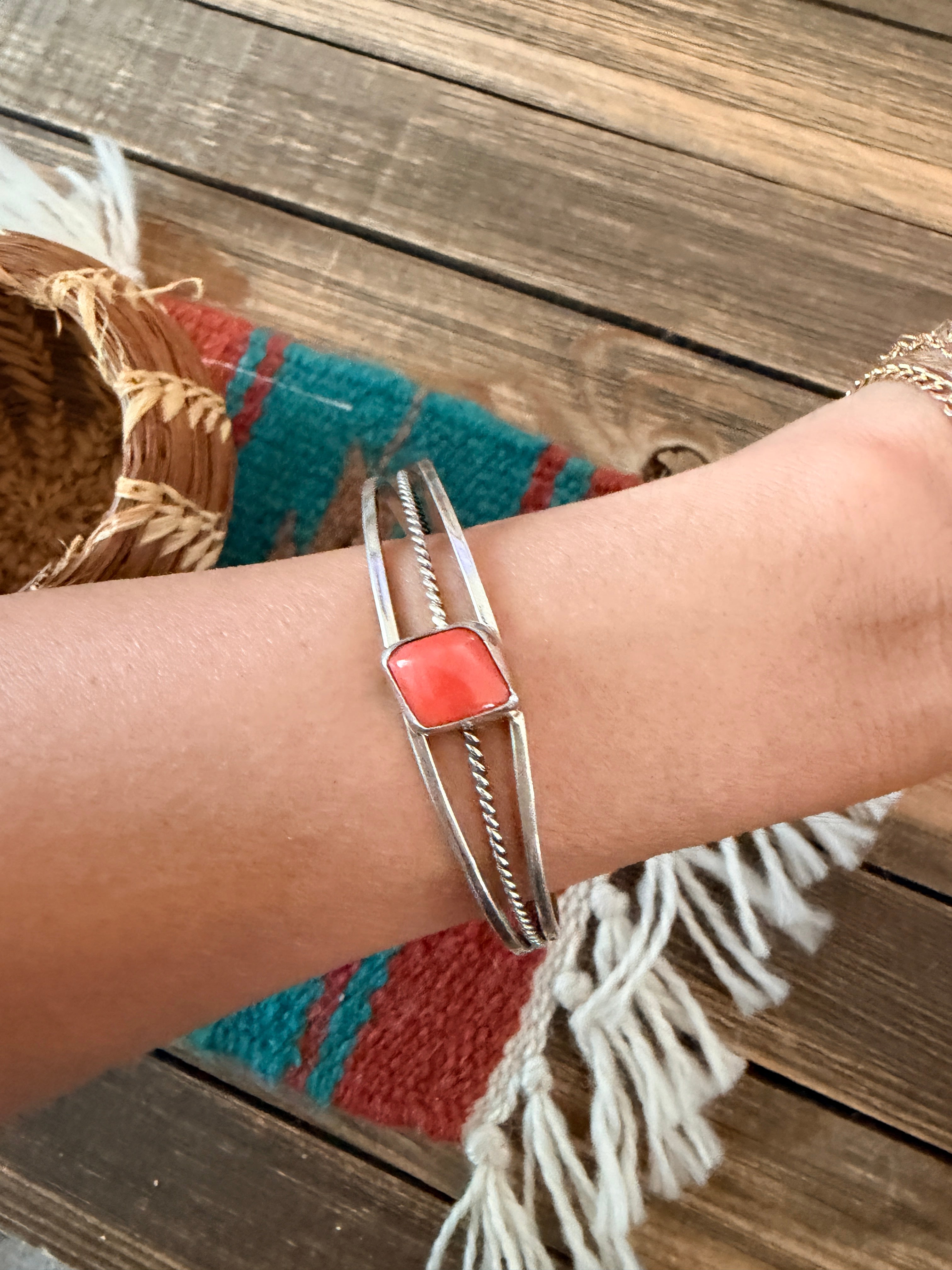 Handcrafted Coral & Sterling Silver Cuff Bracelet