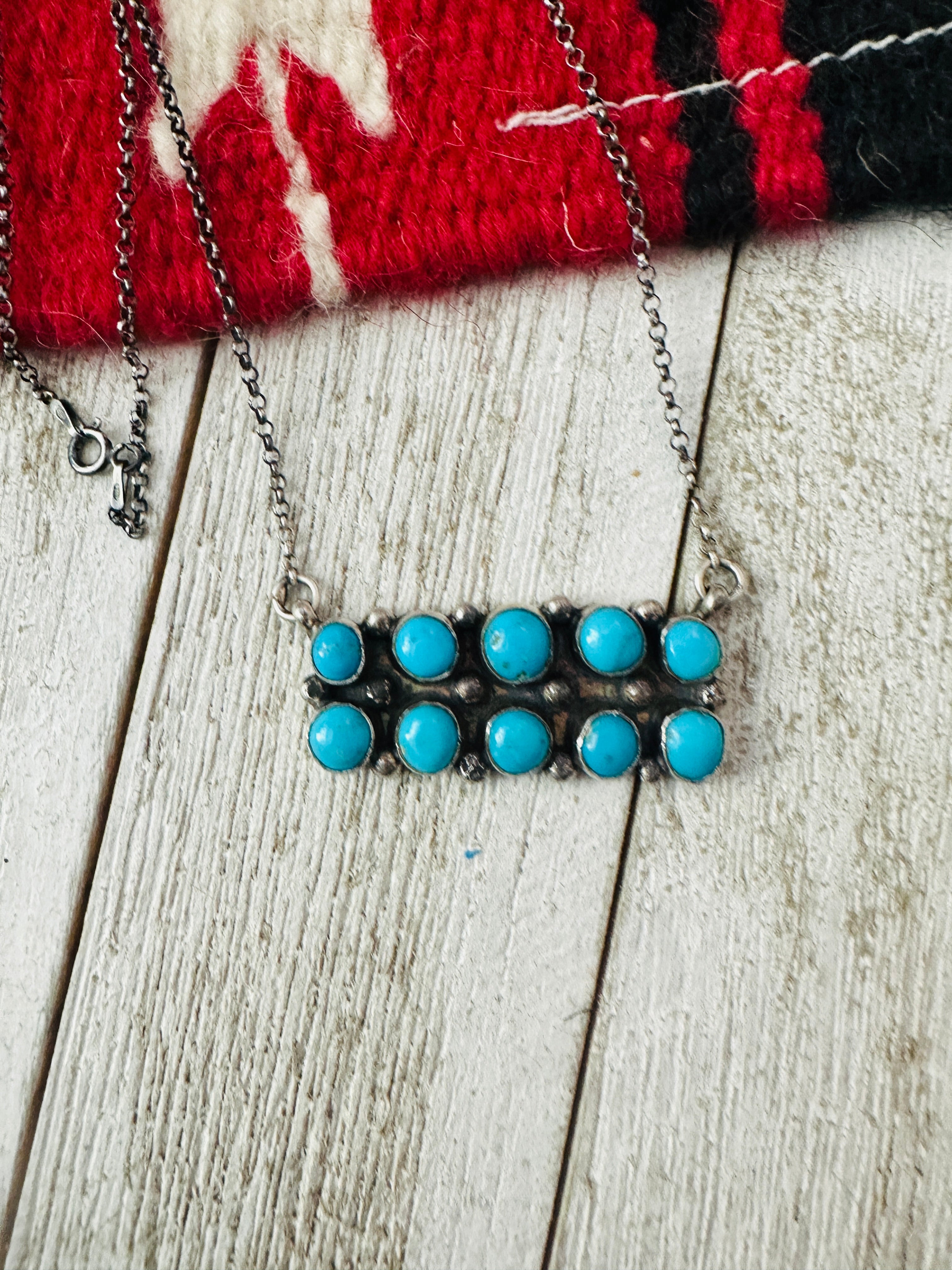 Navajo Sterling Silver & Turquoise Cluster Bar Necklace