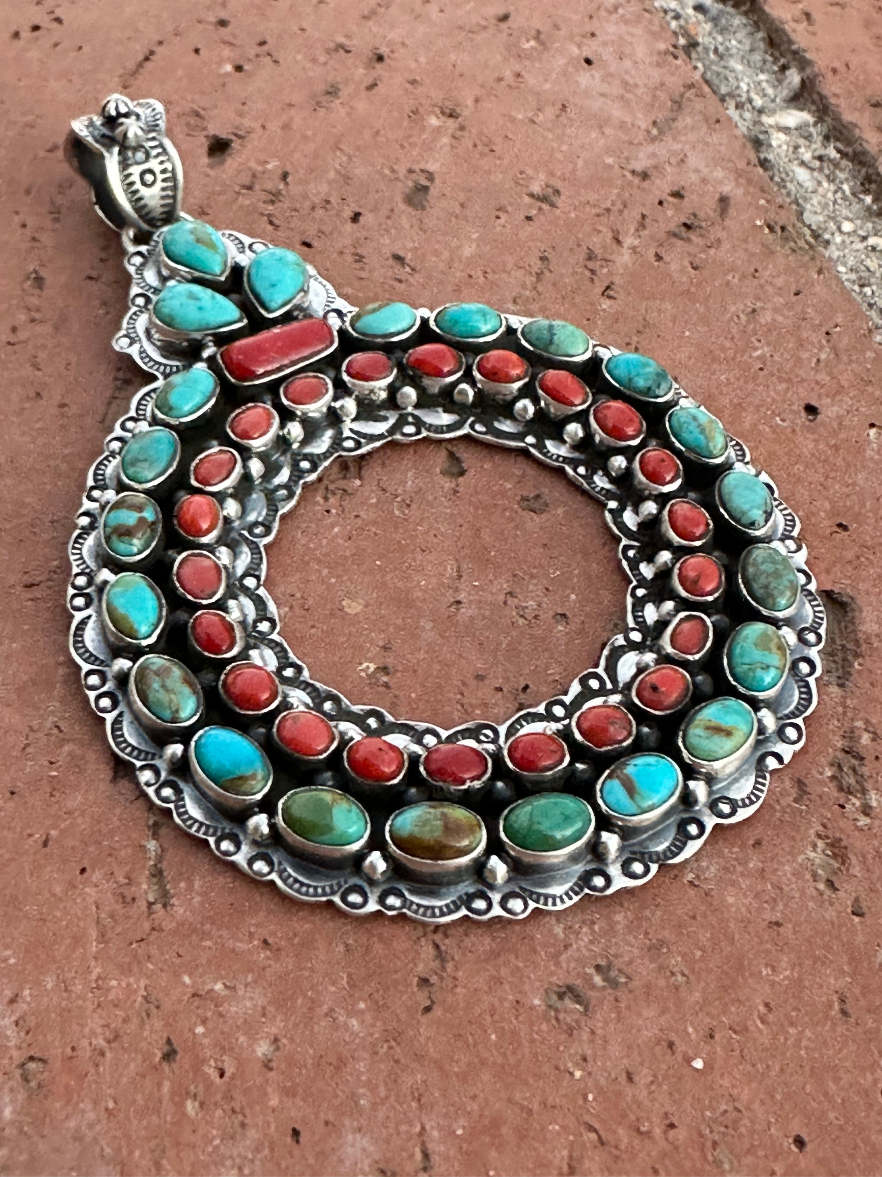 Handmade Sterling Silver, Coral & Kingman Turquoise Christmas Wreath Pendant