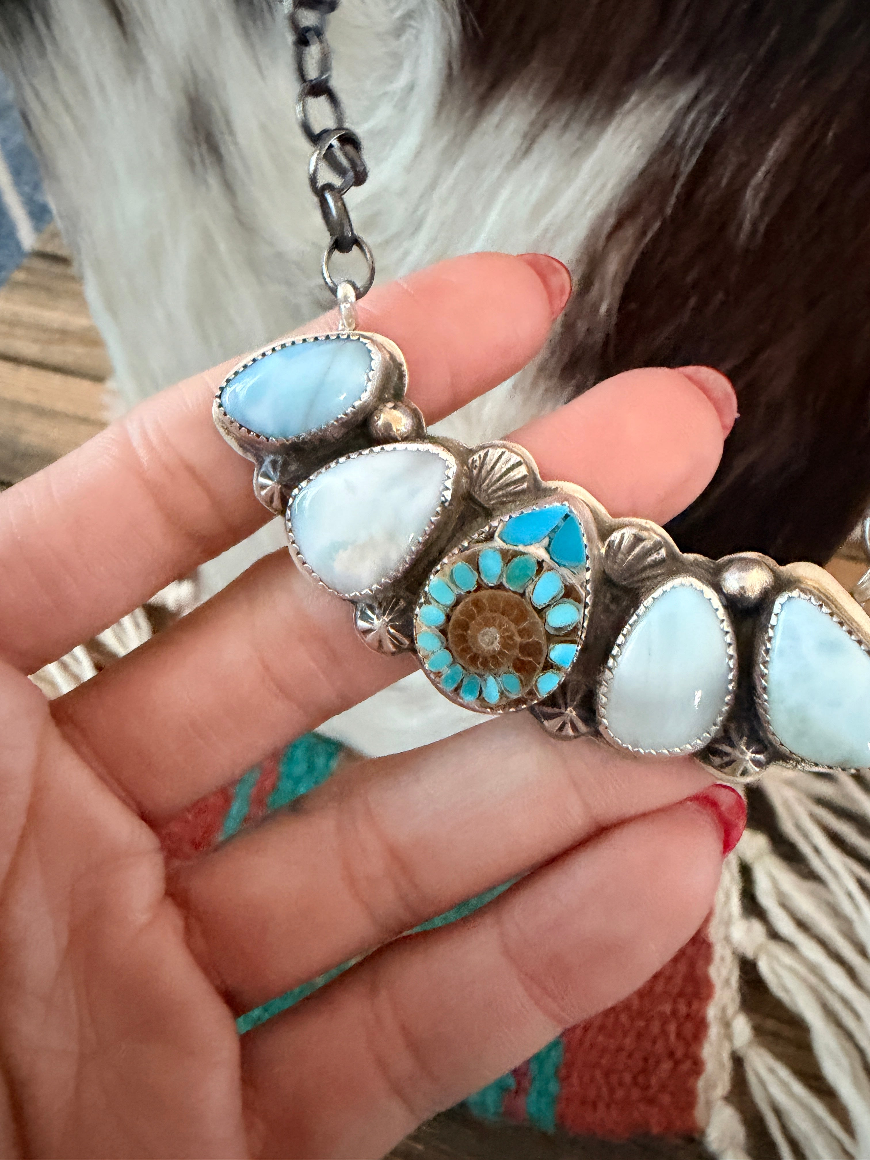 Handmade Sterling Silver, Larimar & Ammonite w/ Shattuckite Inlay Necklace Necklace