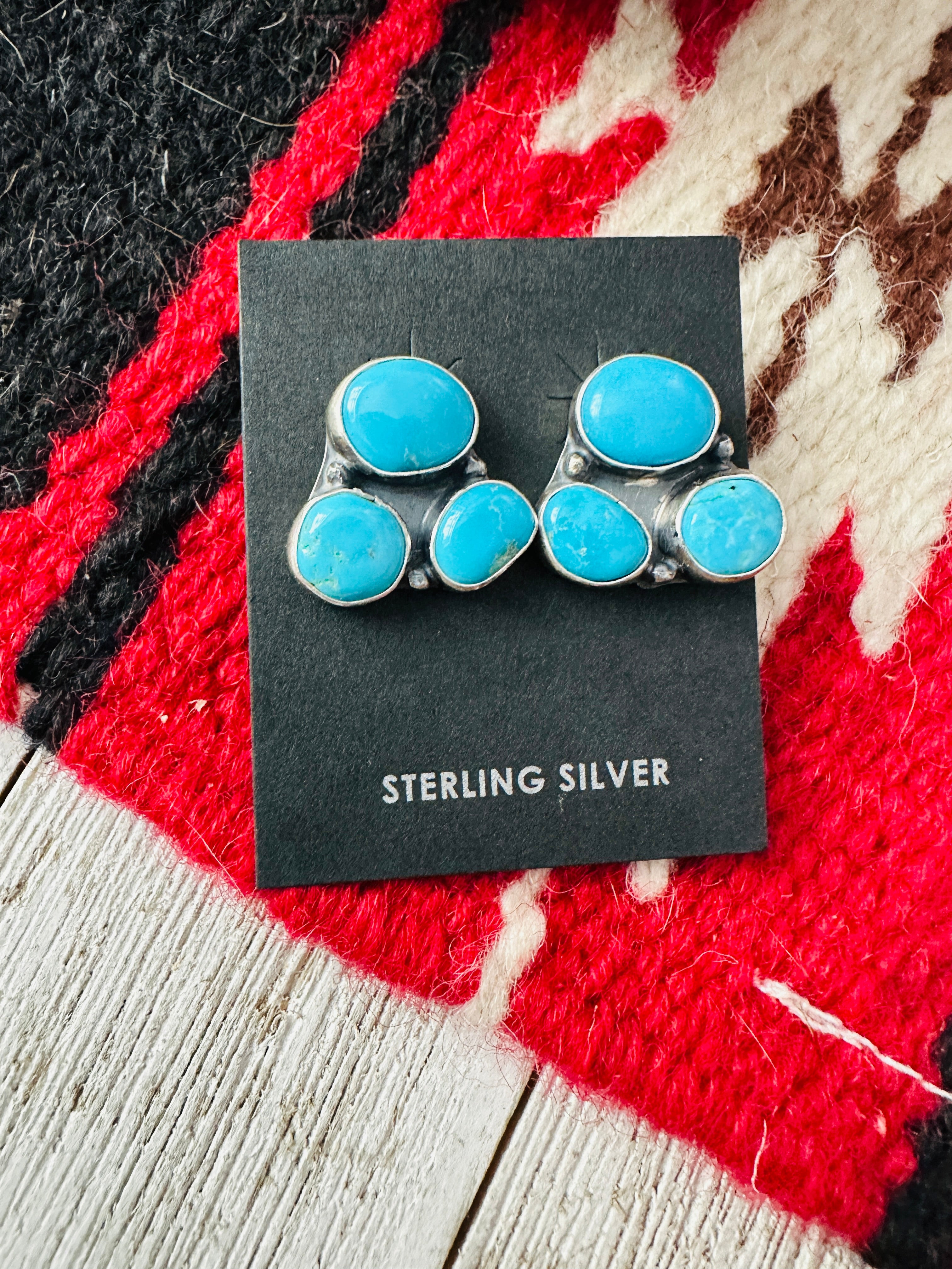 Navajo Sterling Silver & Turquoise Cluster Post Earrings Signed