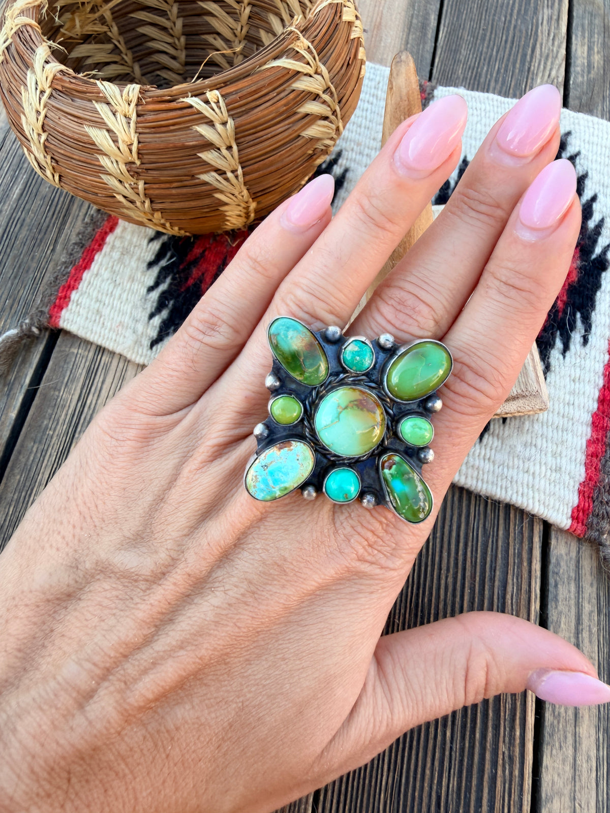 Handcrafted Turquoise & Sterling Silver Cluster Adjustable Ring