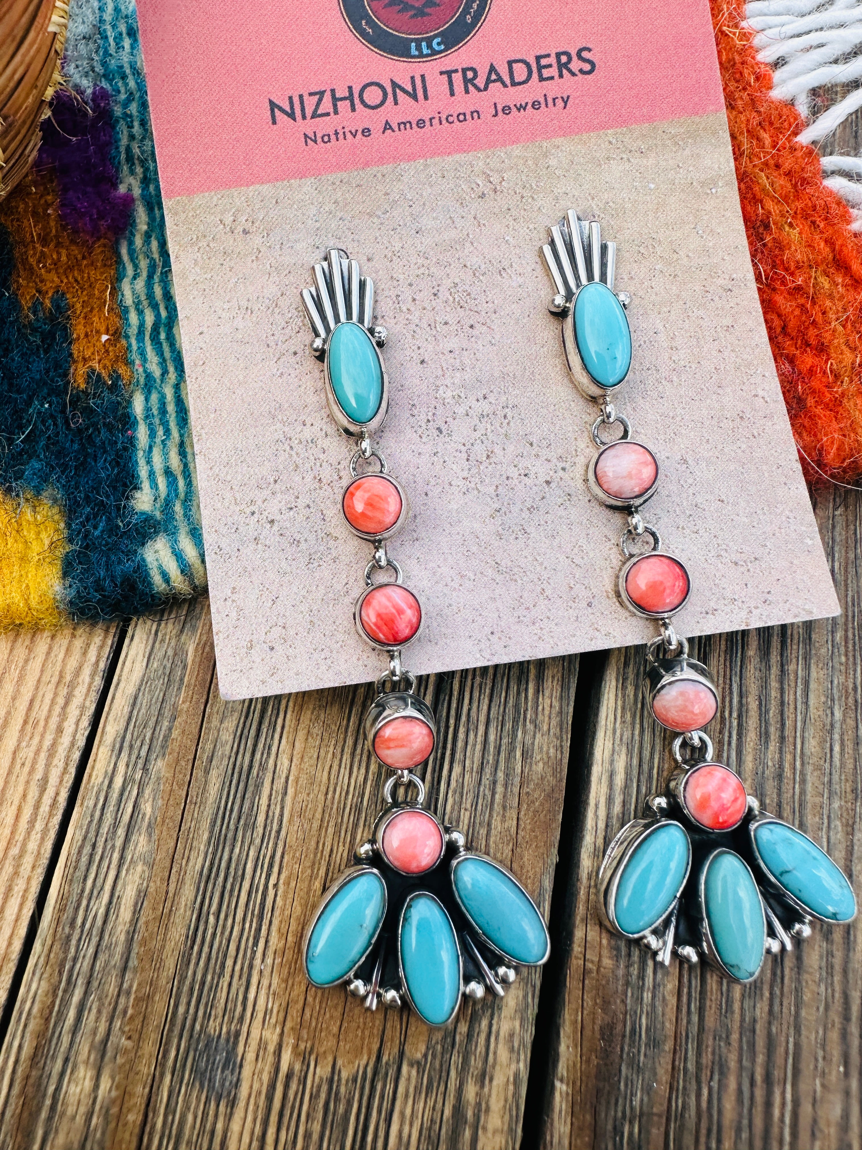 Handcrafted Turquoise, Spiny Oyster & Sterling Silver Concho Dangle Earrings