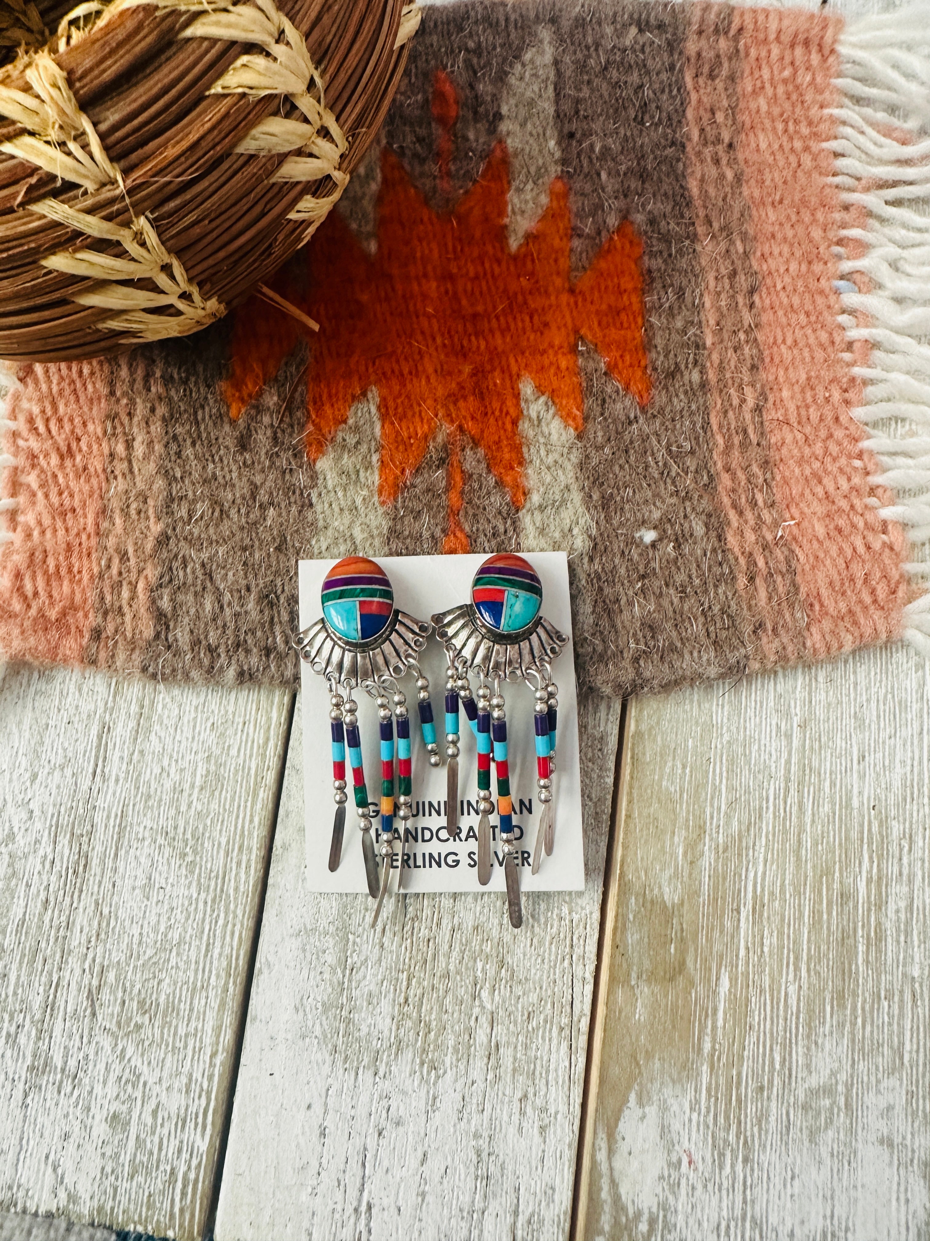 Handcrafted Sterling Silver & Multi Stone Inlay Dream Catcher Clip On Dangle Earrings