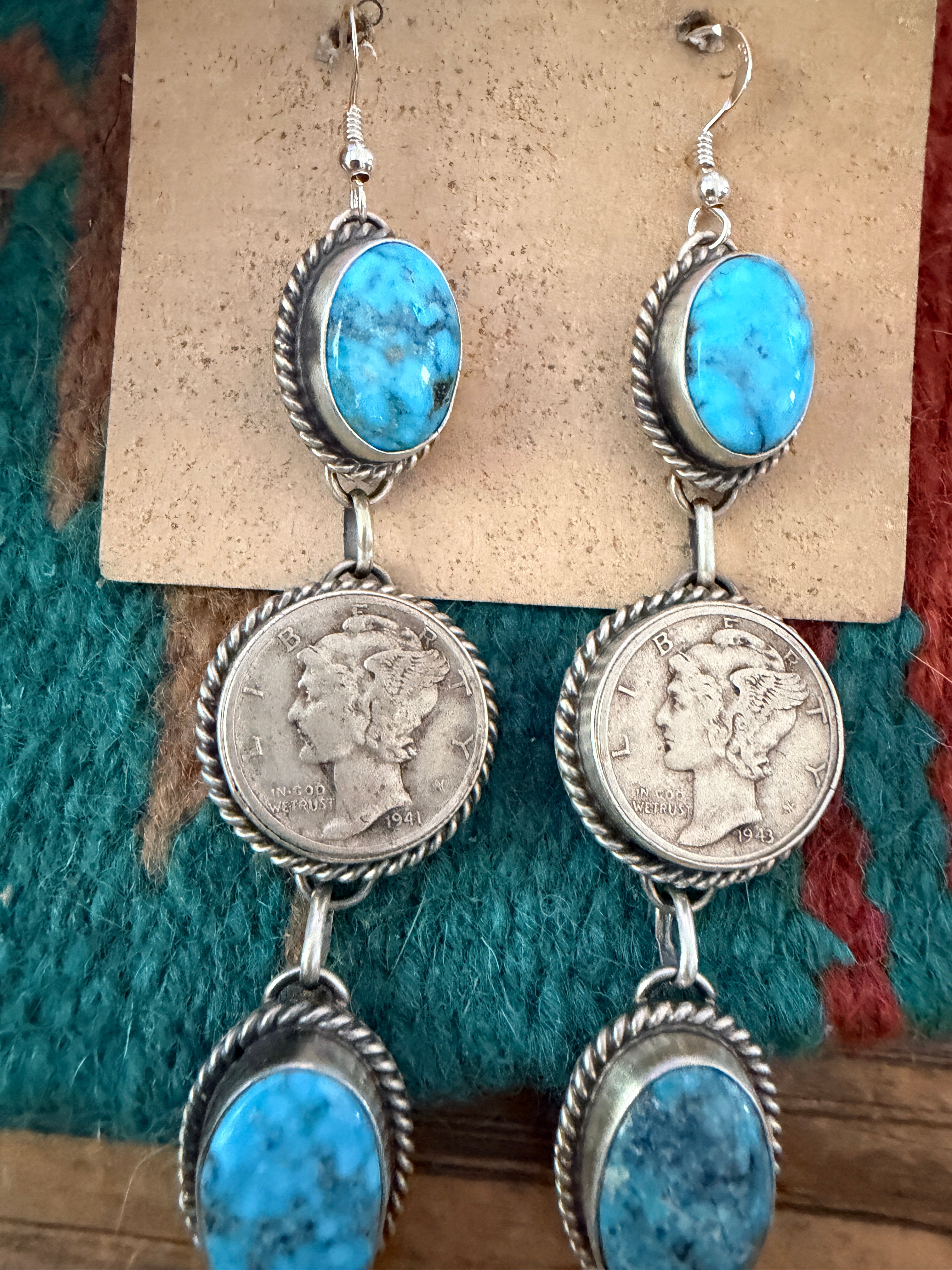 Handcrafted Turquoise & Sterling Silver Liberty Dime Dangle Earrings by Hiram Largo