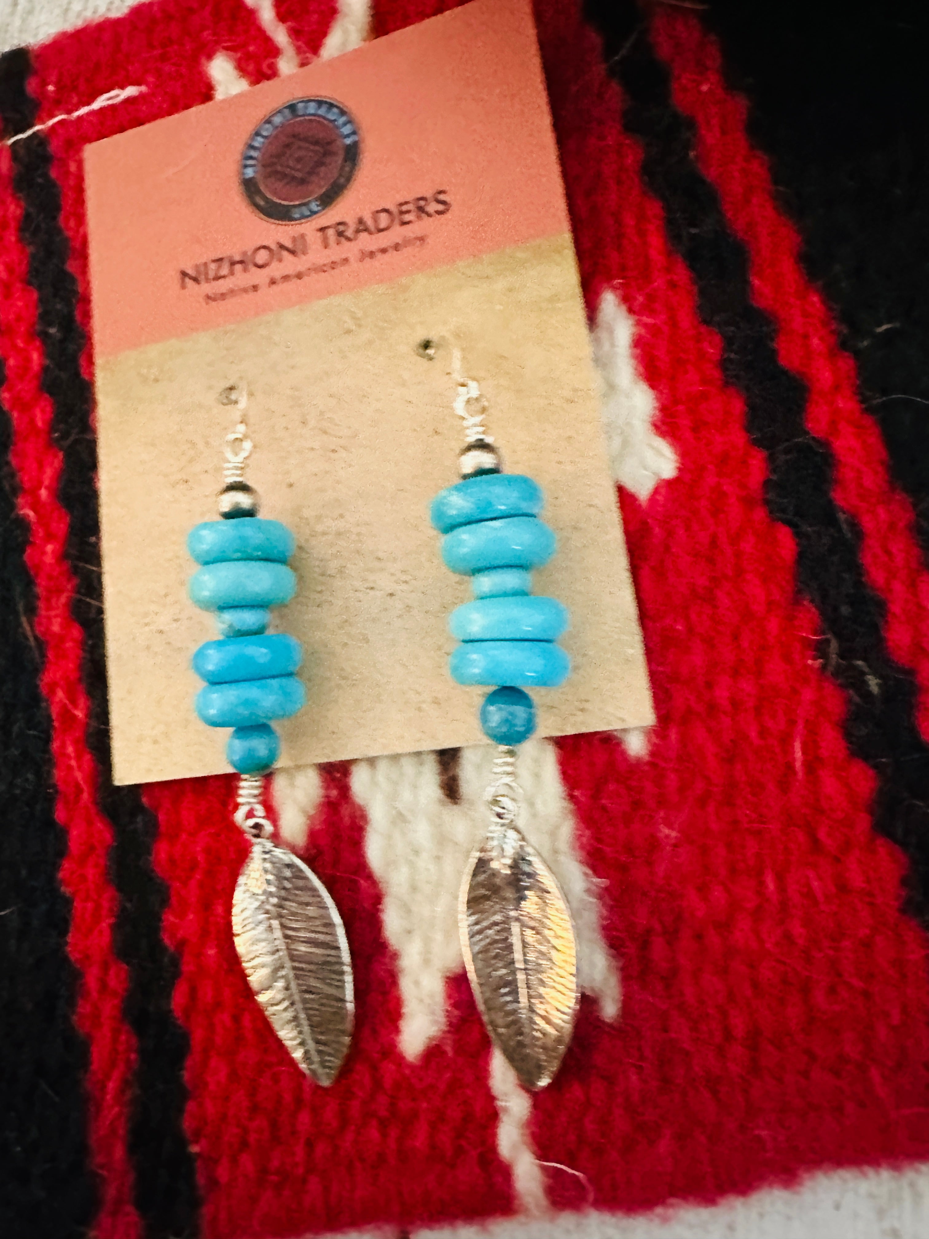 Navajo Turquoise & Sterling Silver Beaded Feather Earrings