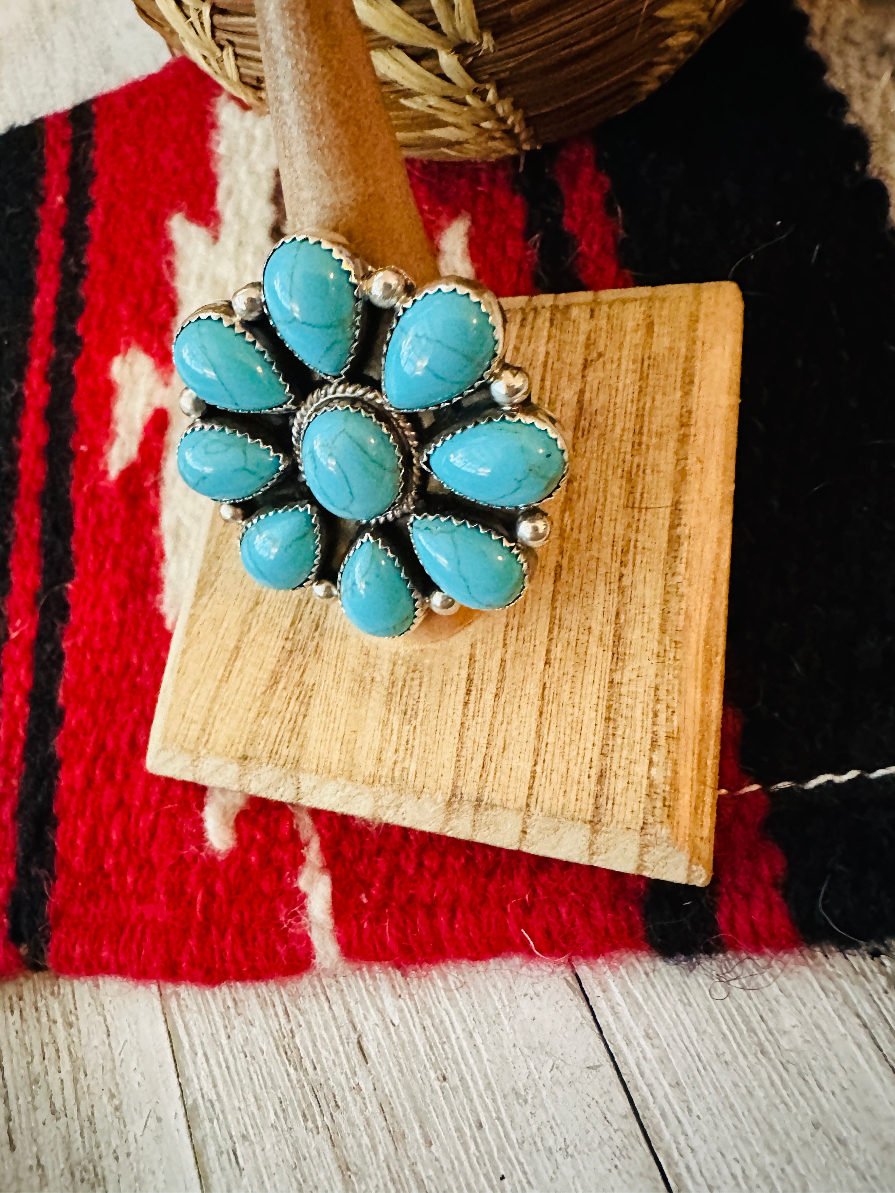 Navajo Sterling Silver & Kingman Turquoise Cluster Ring Size 8