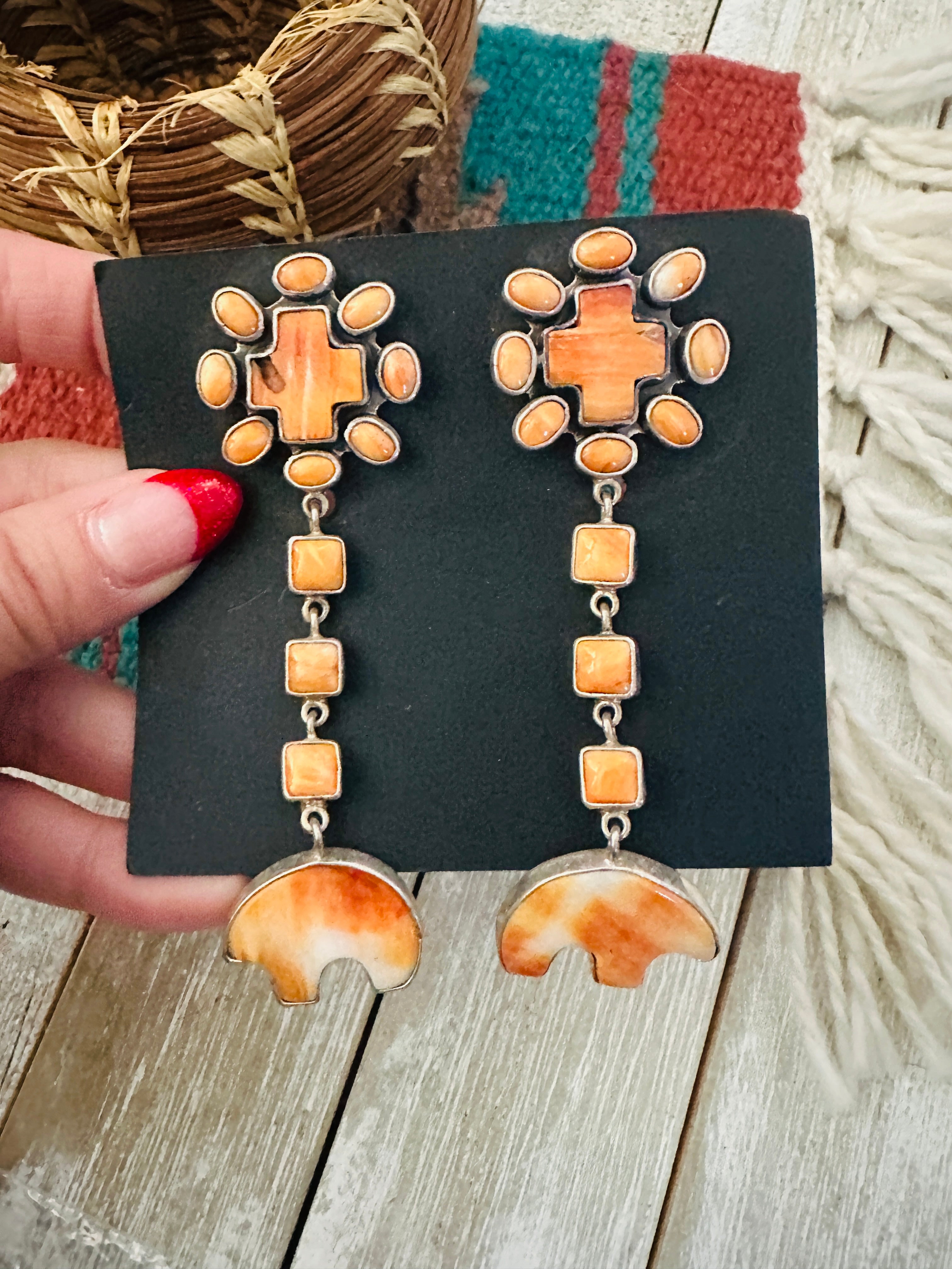 Handcrafted Orange Spiny & Sterling Silver Bear Dangle Earrings by Federico Jimenez