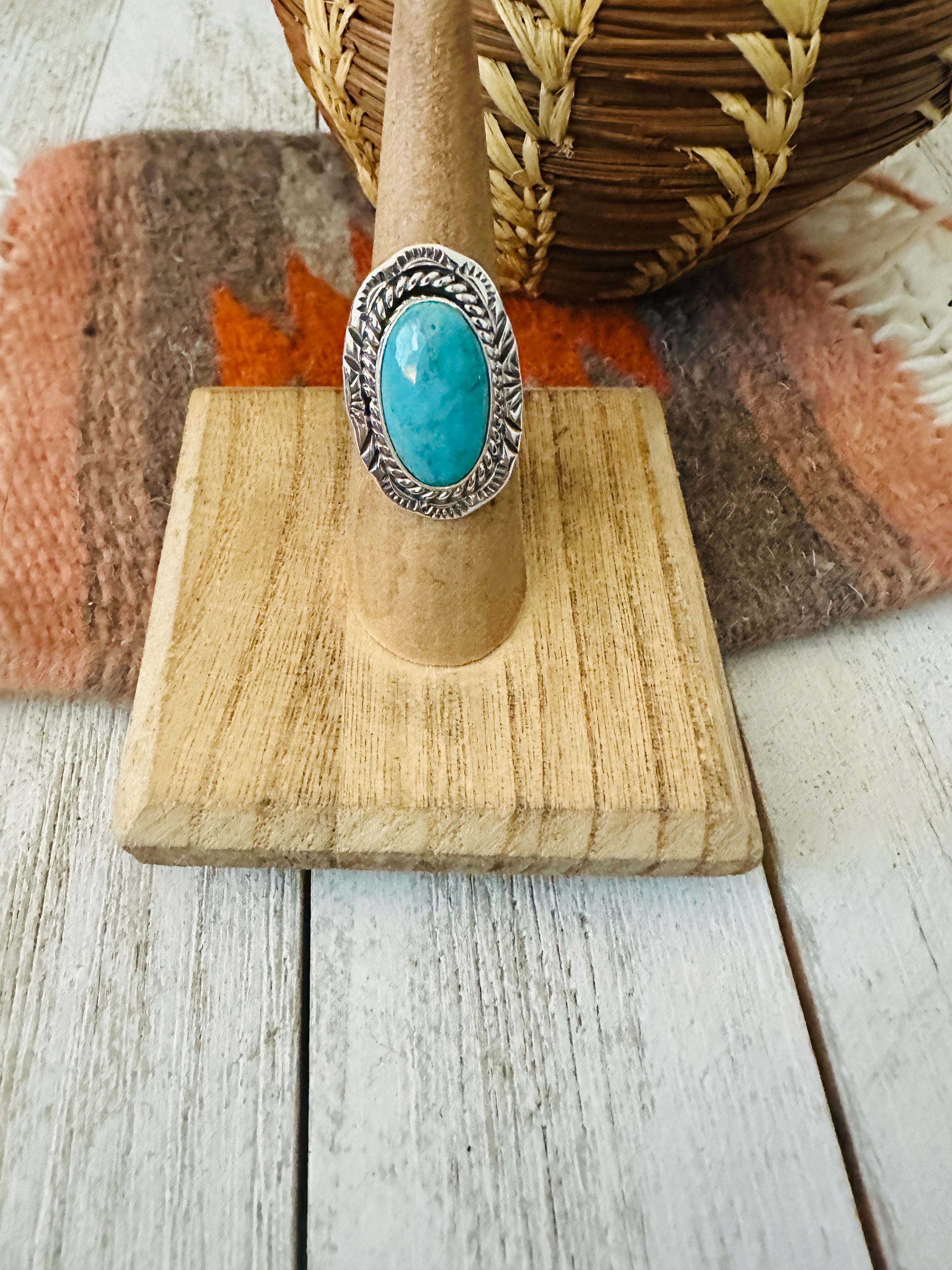 Navajo Kingman Turquoise & Sterling Silver Ring Size 6