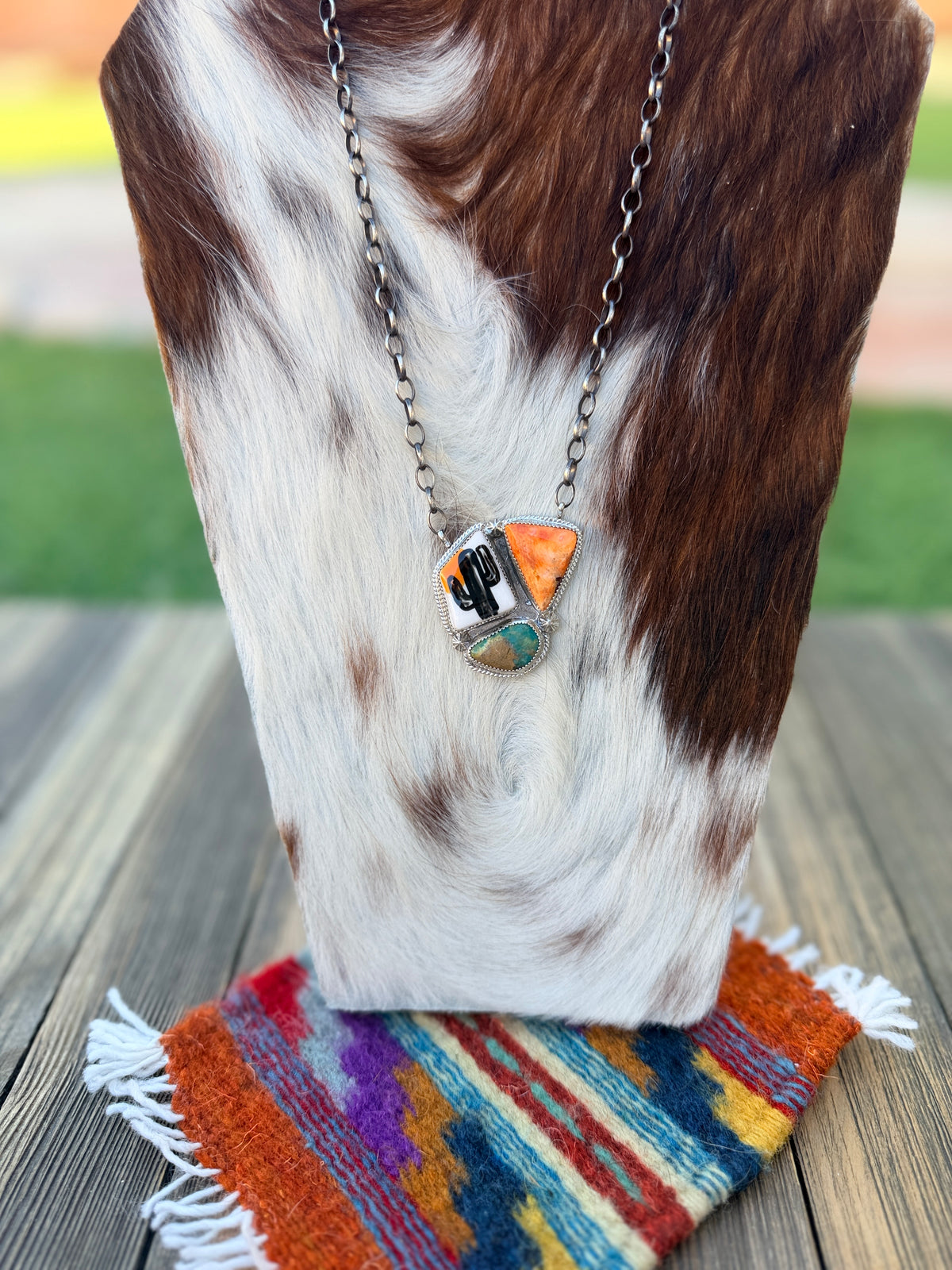 Handmade Sterling Silver & Multi Stone Painted Cactus Necklace