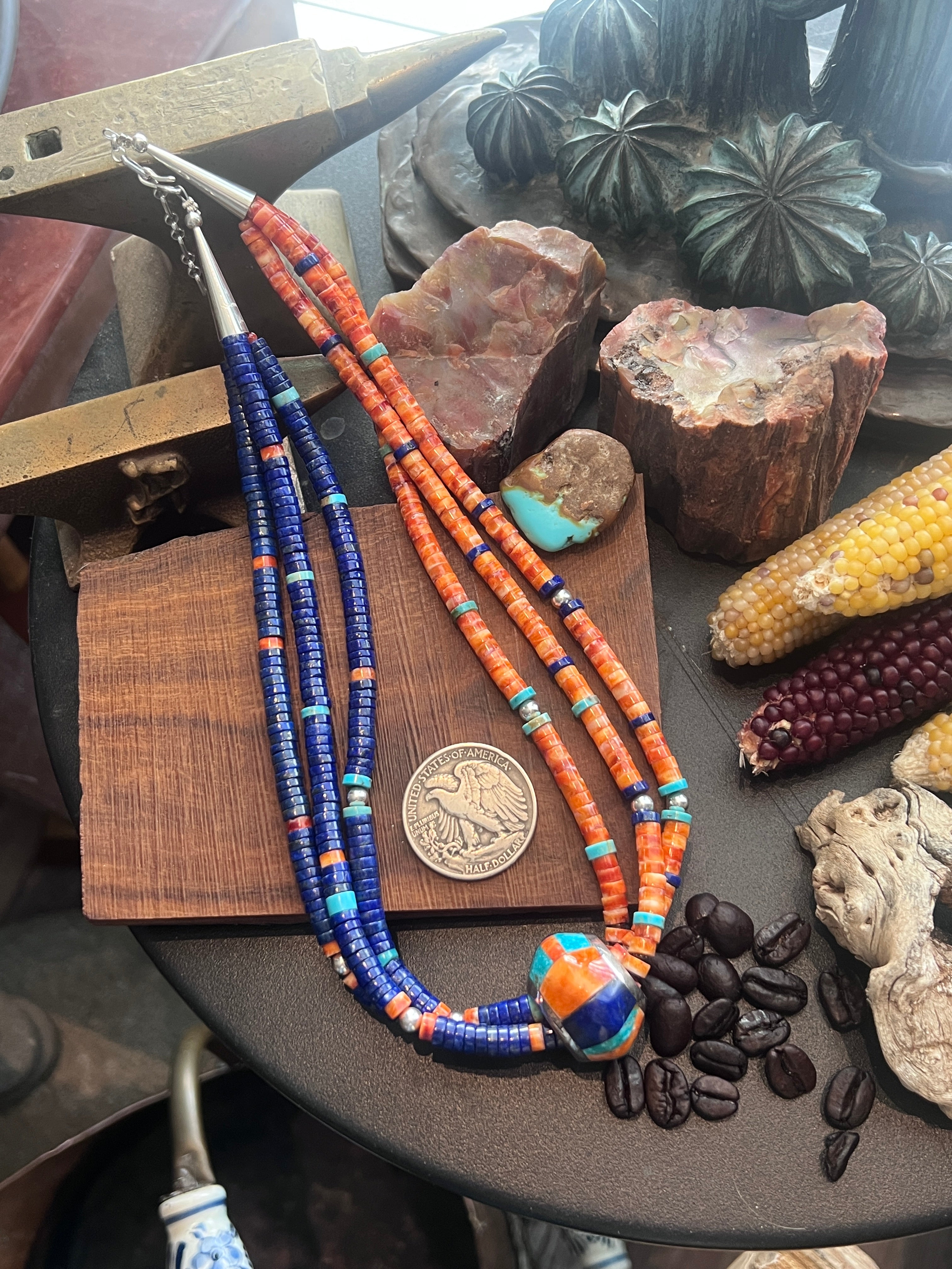 Daniel Coriz Triple Strand Lapis, Spiny Oyster and Turquoise Beaded Necklace w/ Removable Sterling Silver & Stone Inlay Bead