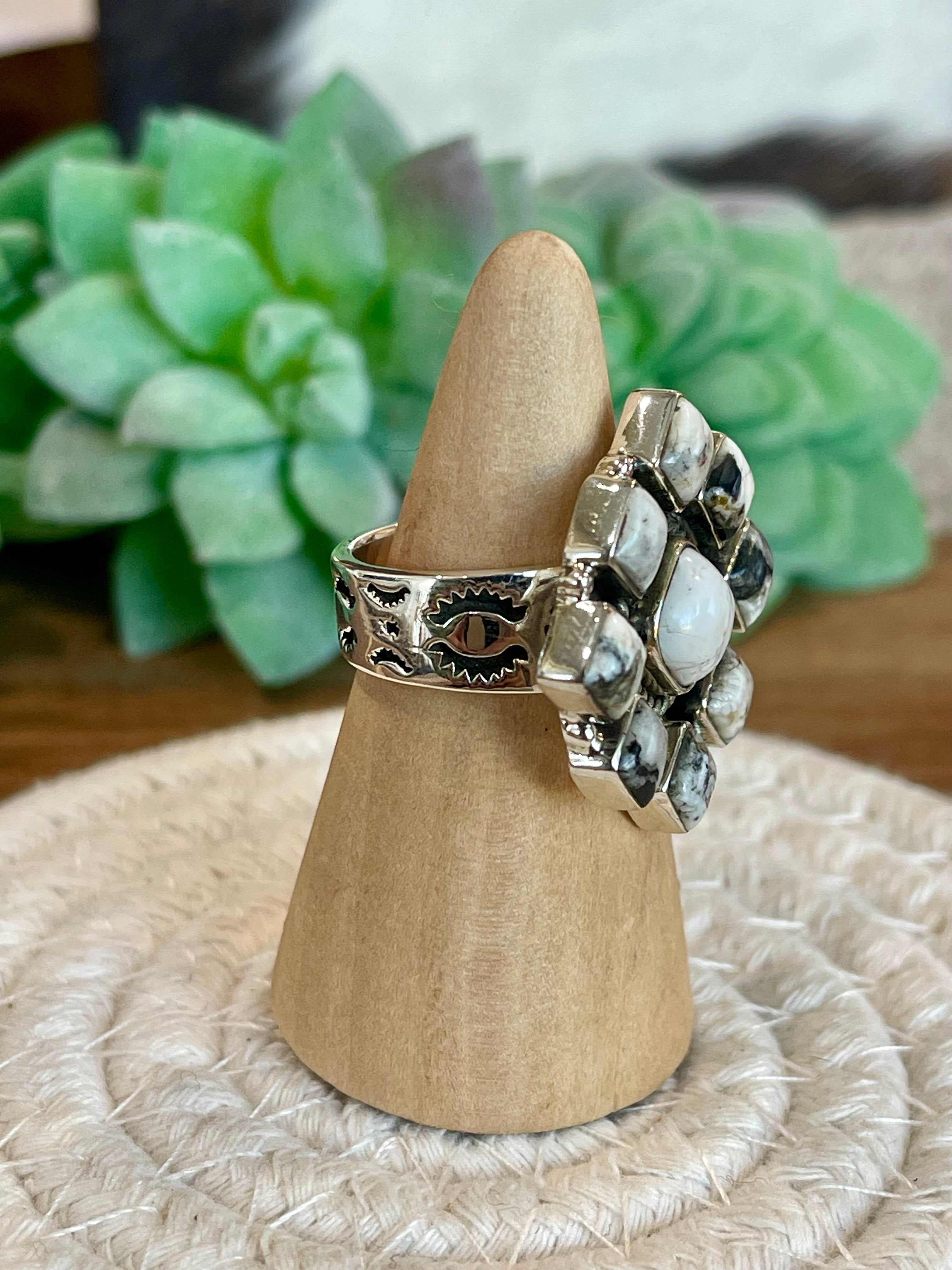 Beautiful Handmade White Buffalo And Sterling Silver Adjustable Cluster Ring