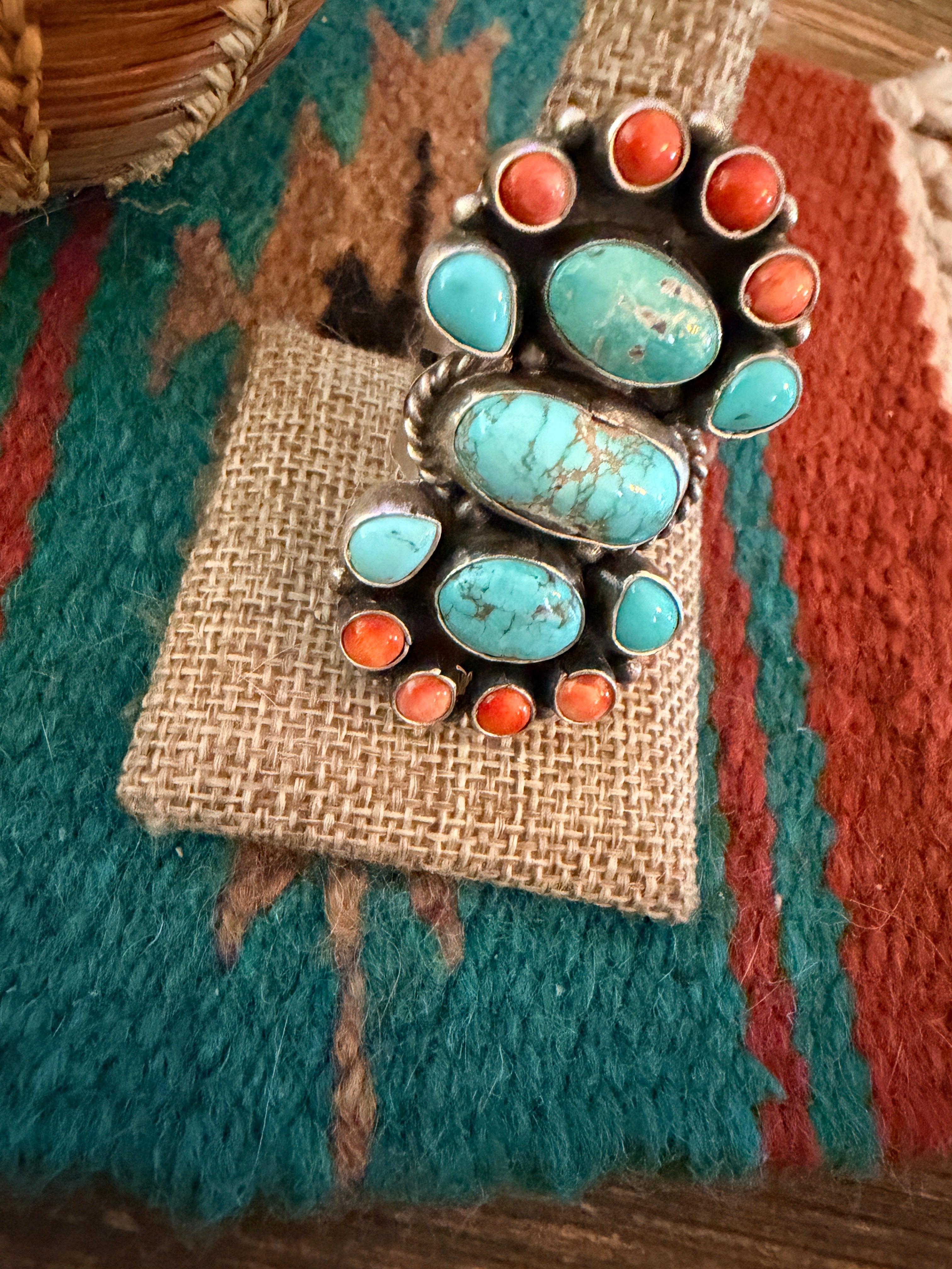 Handcrafted Spiny Oyster, Turquoise & Sterling Silver Cluster Ring by Sheila Becenti Size 9.5