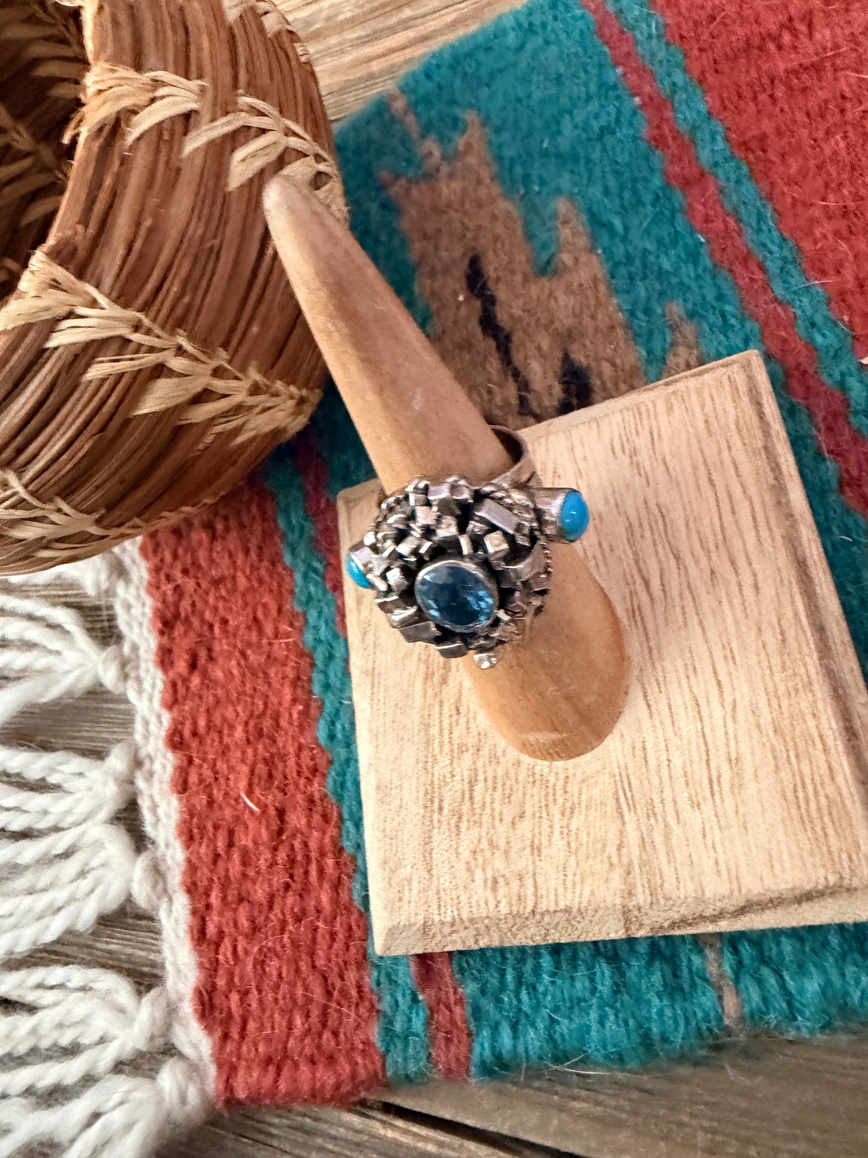 Old Pawn Handcrafted Topaz, Turquoise & Sterling Silver Ring Size 5.5