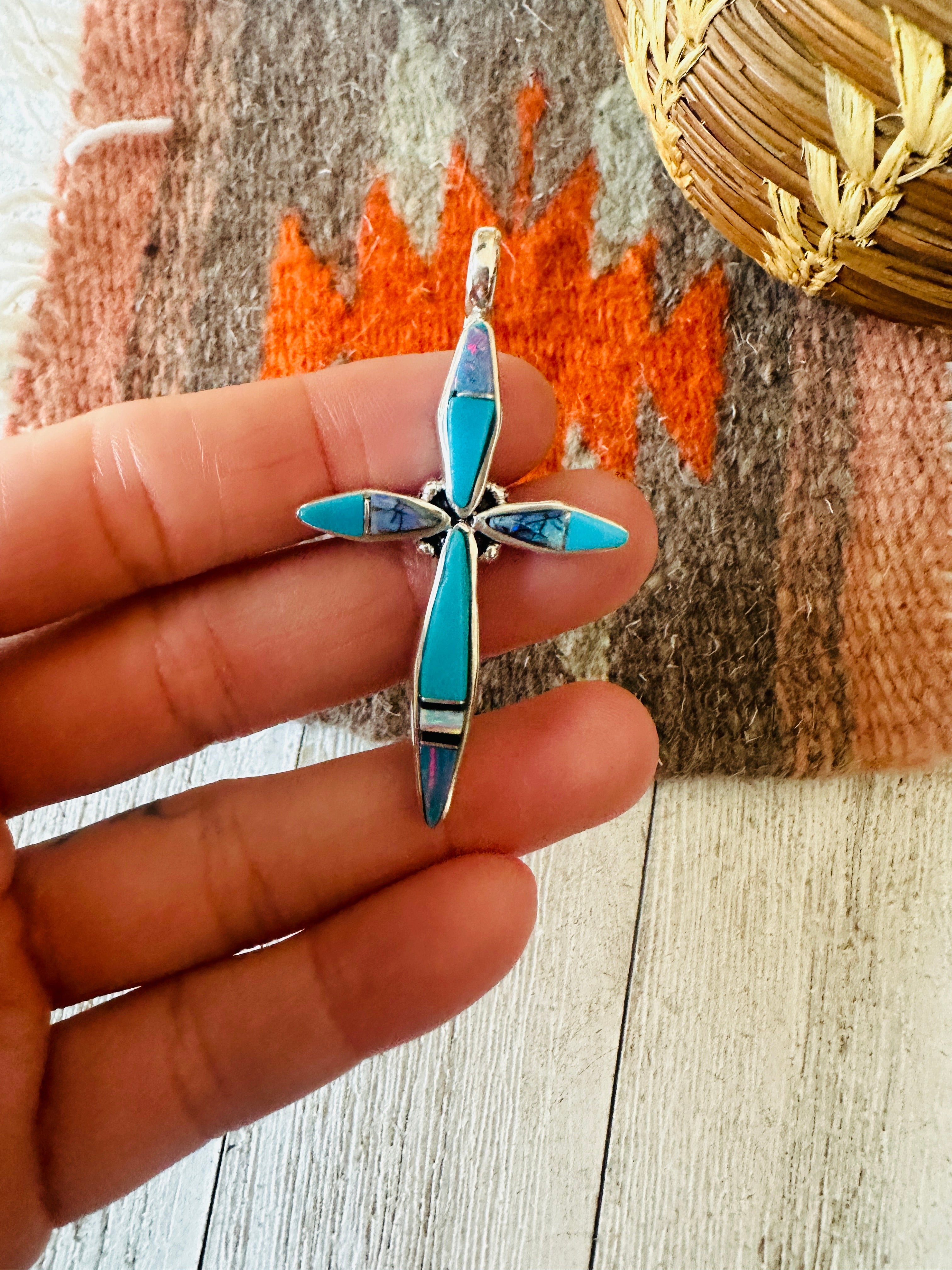 Navajo Multi Stone & Sterling Silver Inlay Cross Pendant