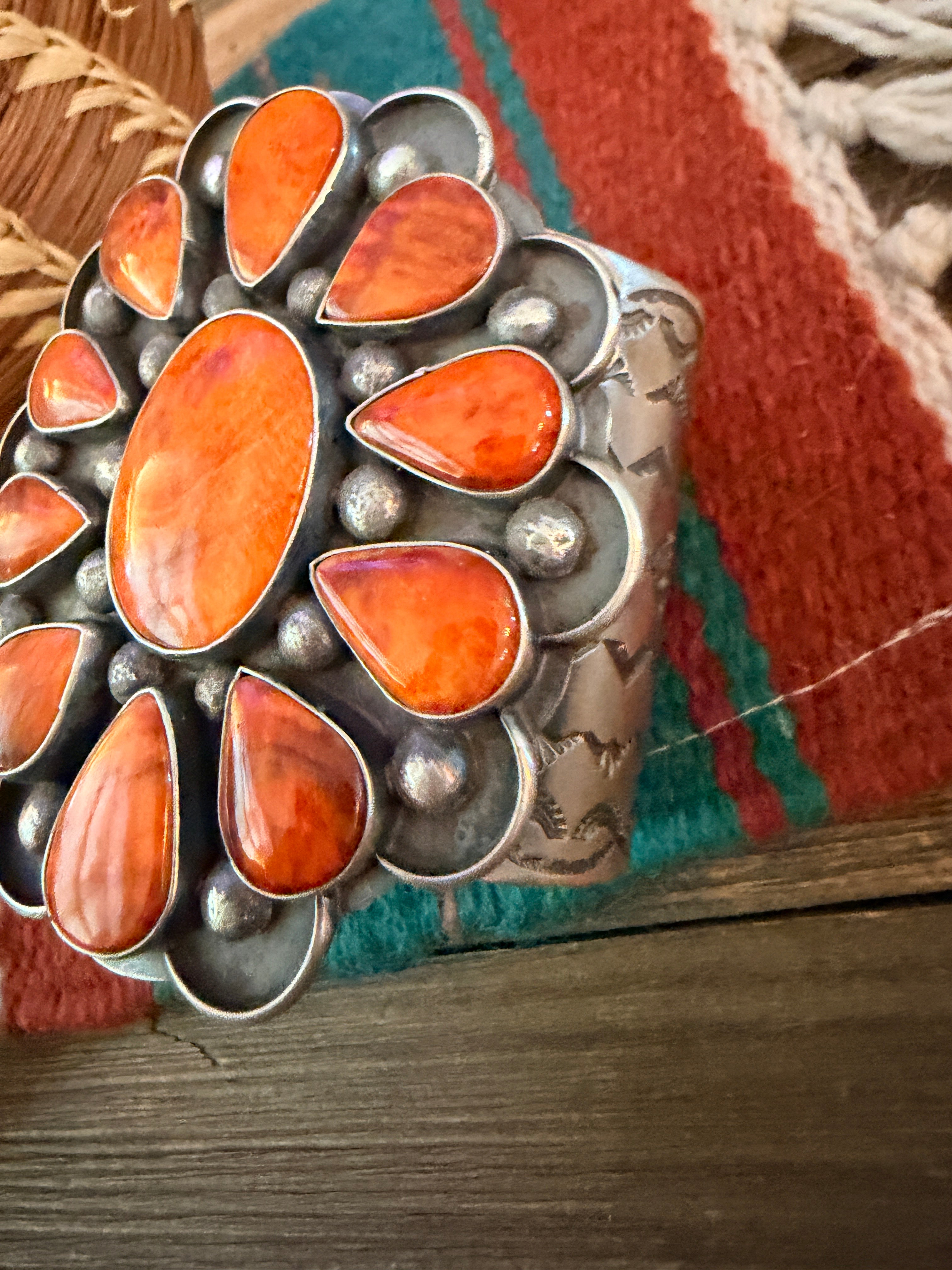 Handcrafted Orange Spiny & Sterling Silver Flower Cuff Bracelet by Chimney Butte