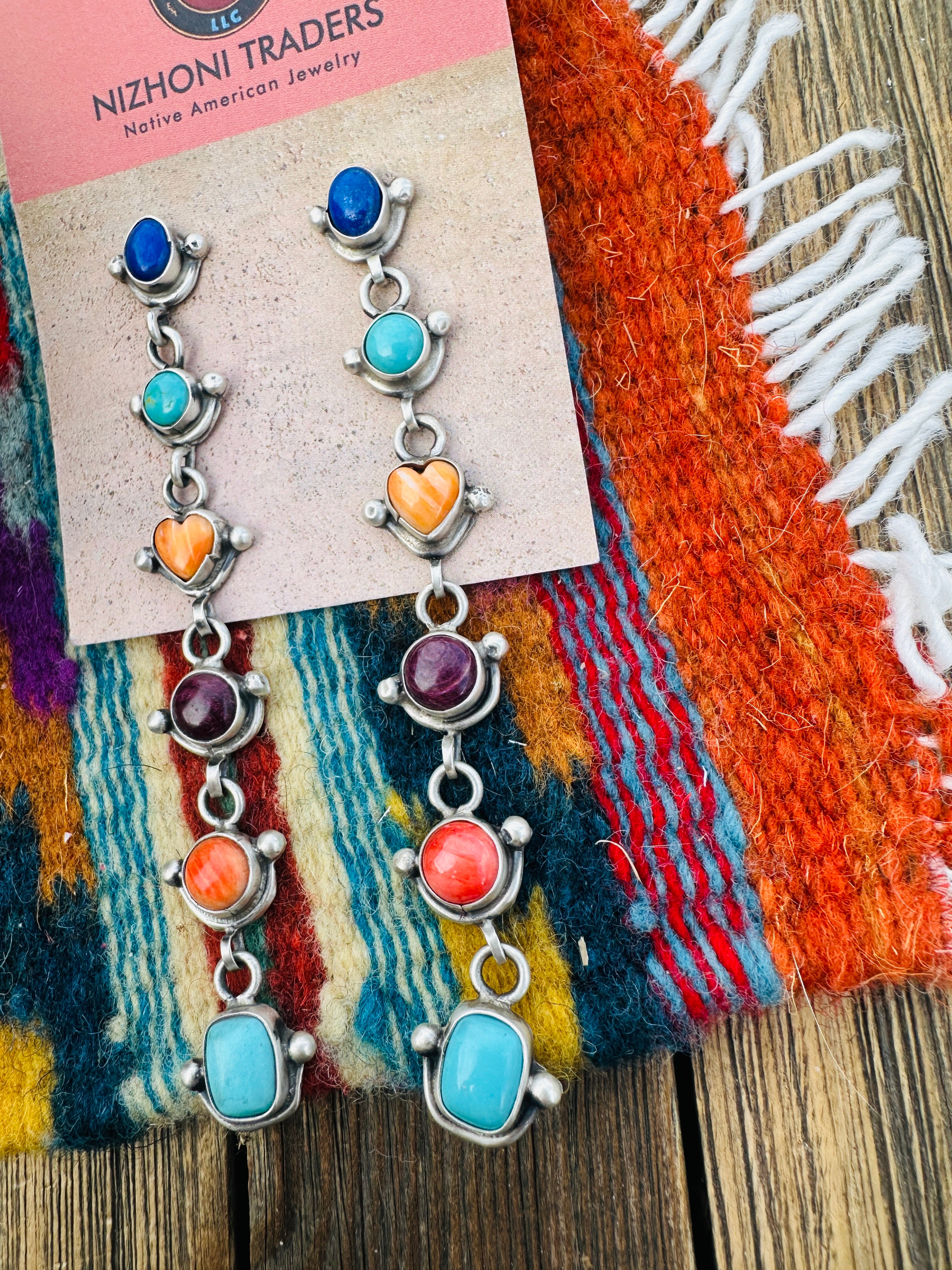 Handcrafted Multi Stone And Sterling Silver Heart Dangle Earrings by Juanita McDonald