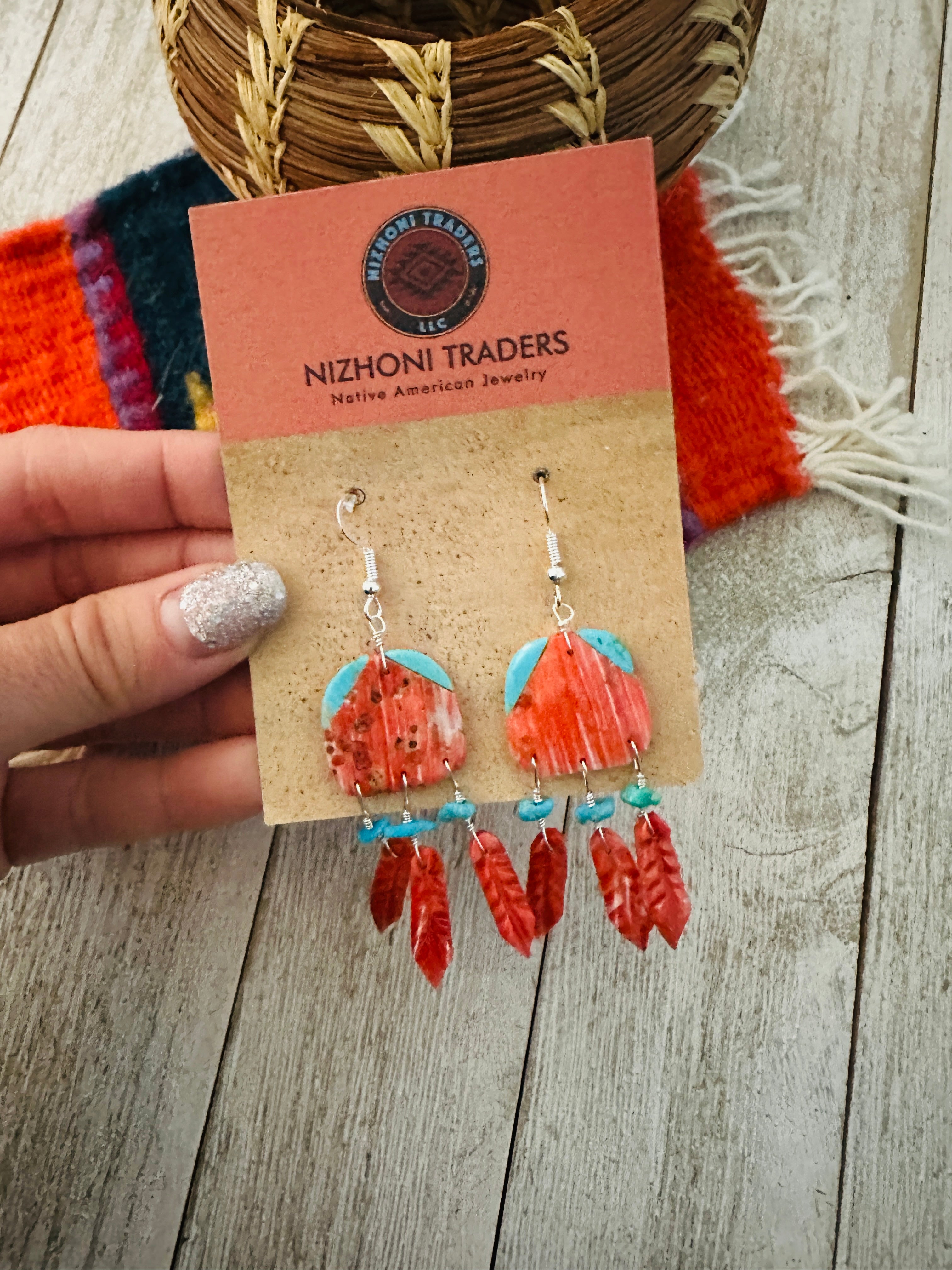 Santo Domingo Spiny & Turquoise Feather Dangle Earrings