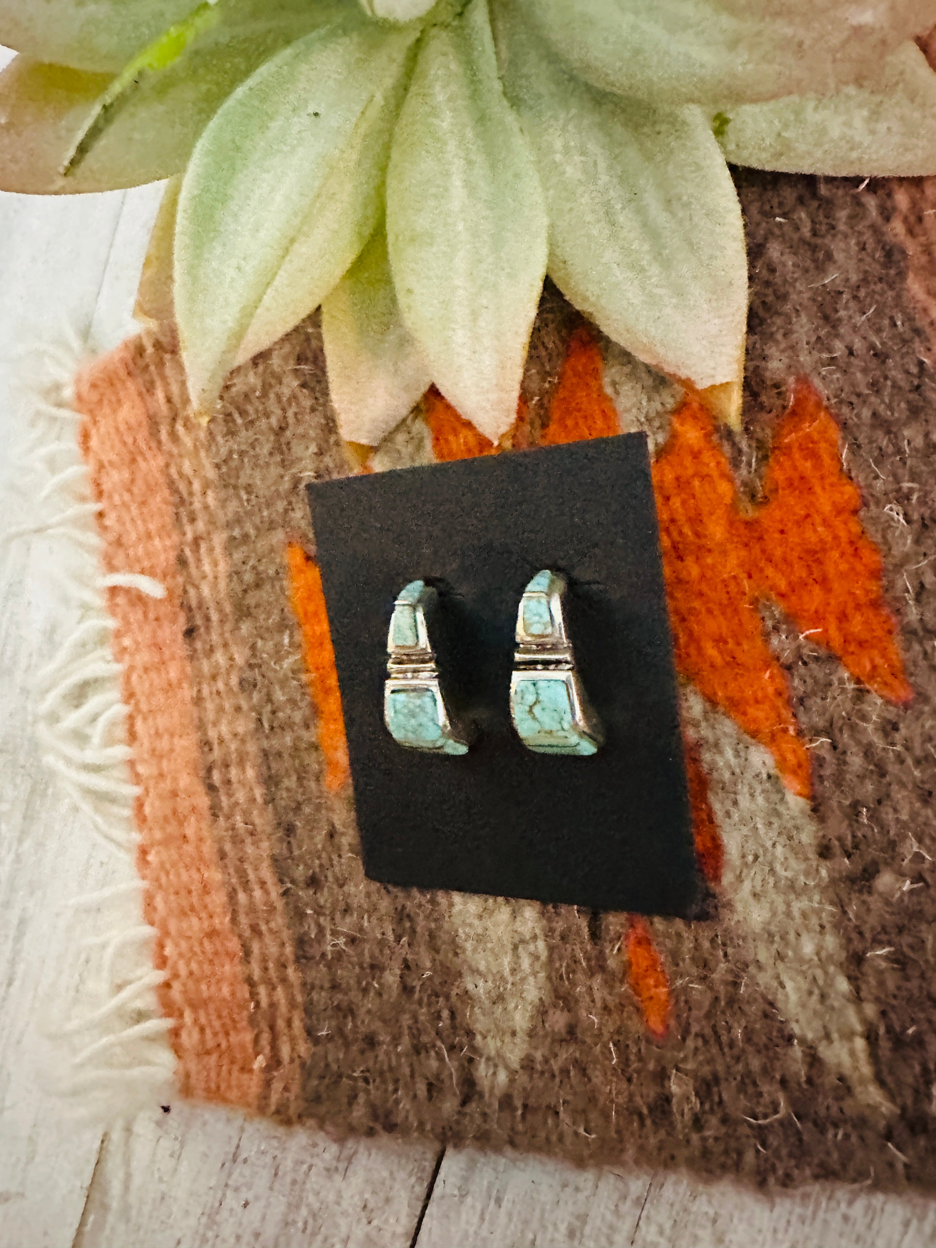 Navajo Turquoise 8 & Sterling Silver Inlay Half Hoop Earrings