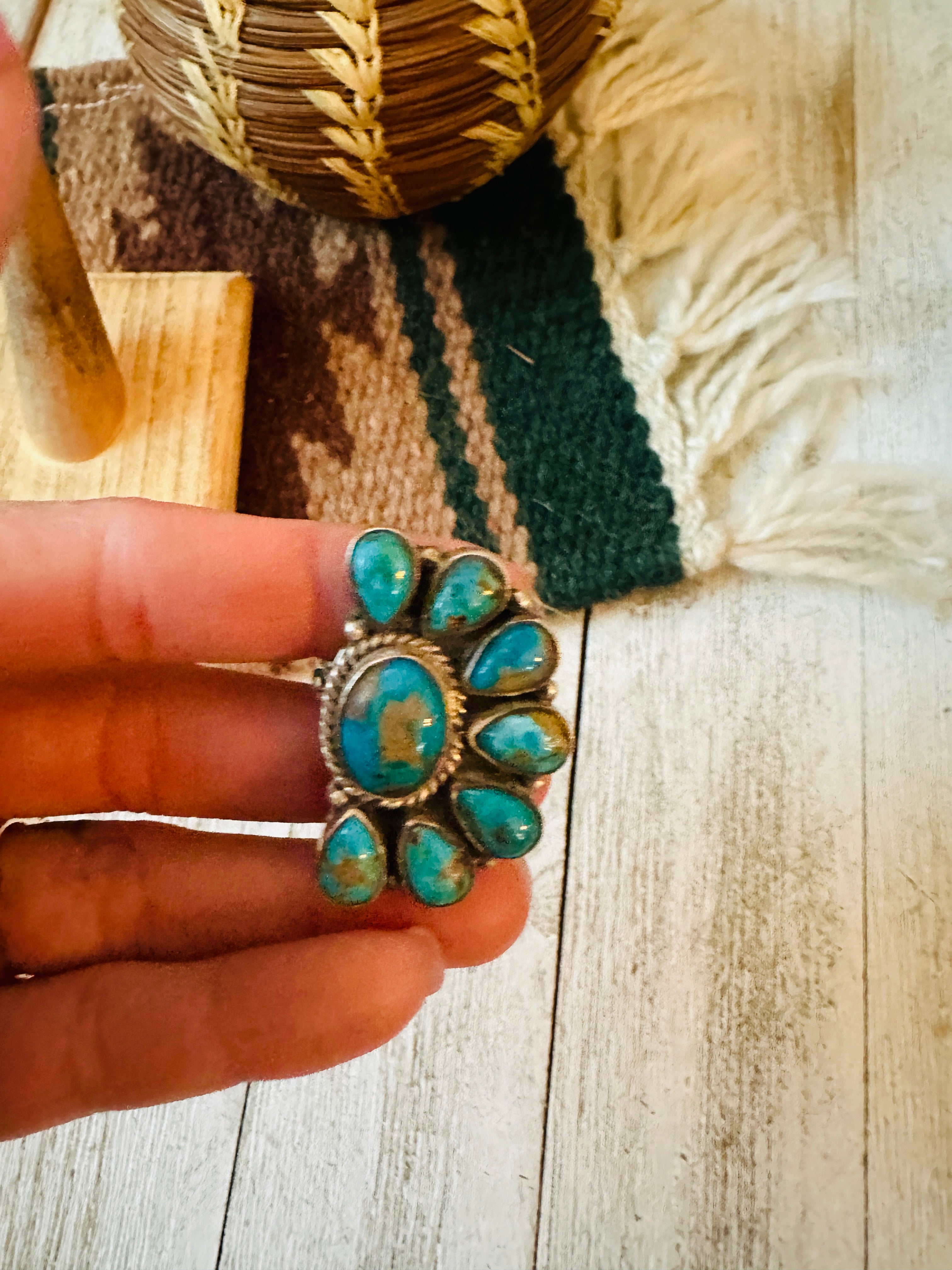 Navajo Turquoise & Sterling Silver Cluster Adjustable Ring