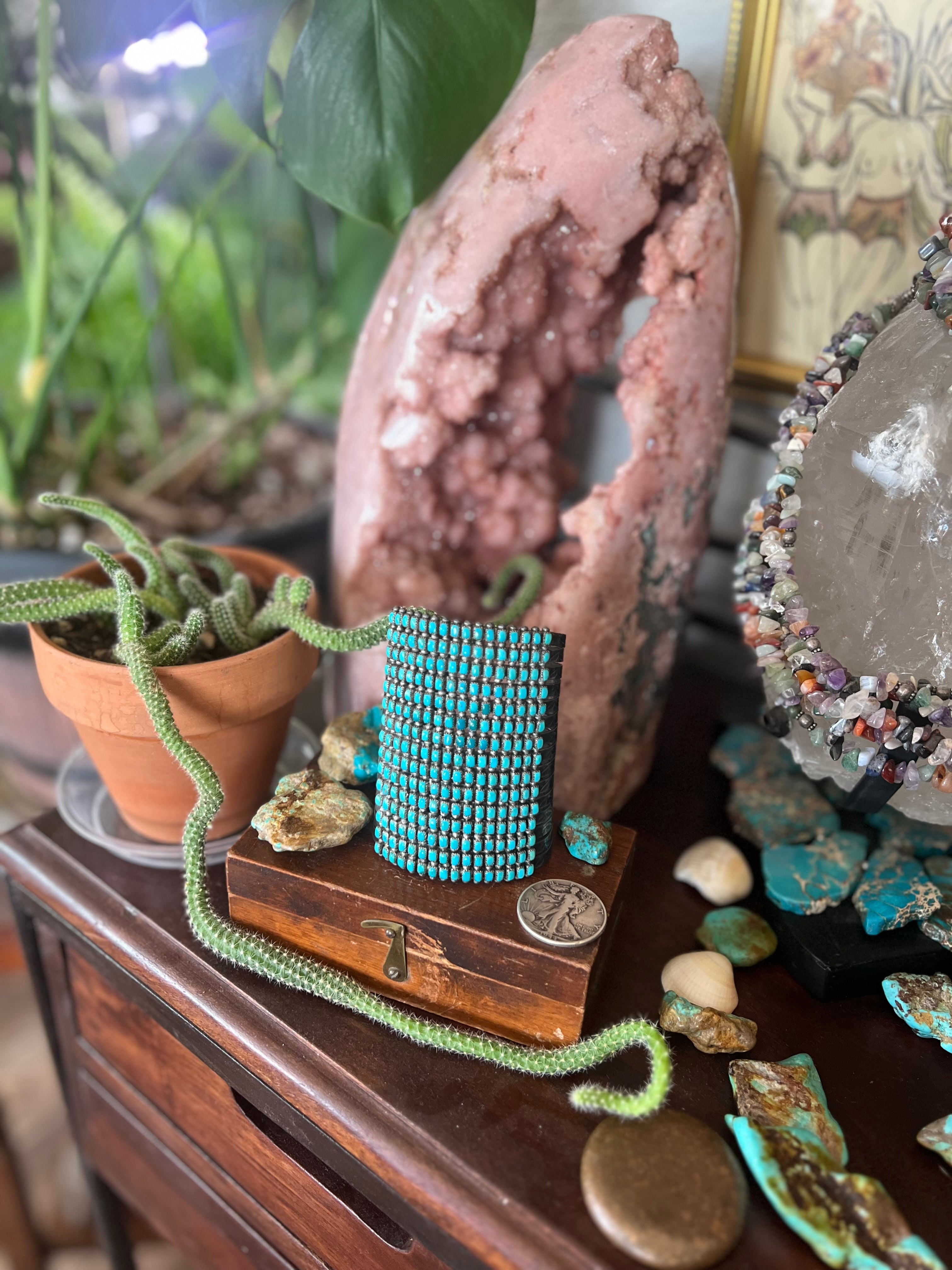 Handcrafted Stunning Old Pawn 15 Row Sterling Silver & Turquoise Gauntlet Style Cuff Bracelet by Clark Couyancy /