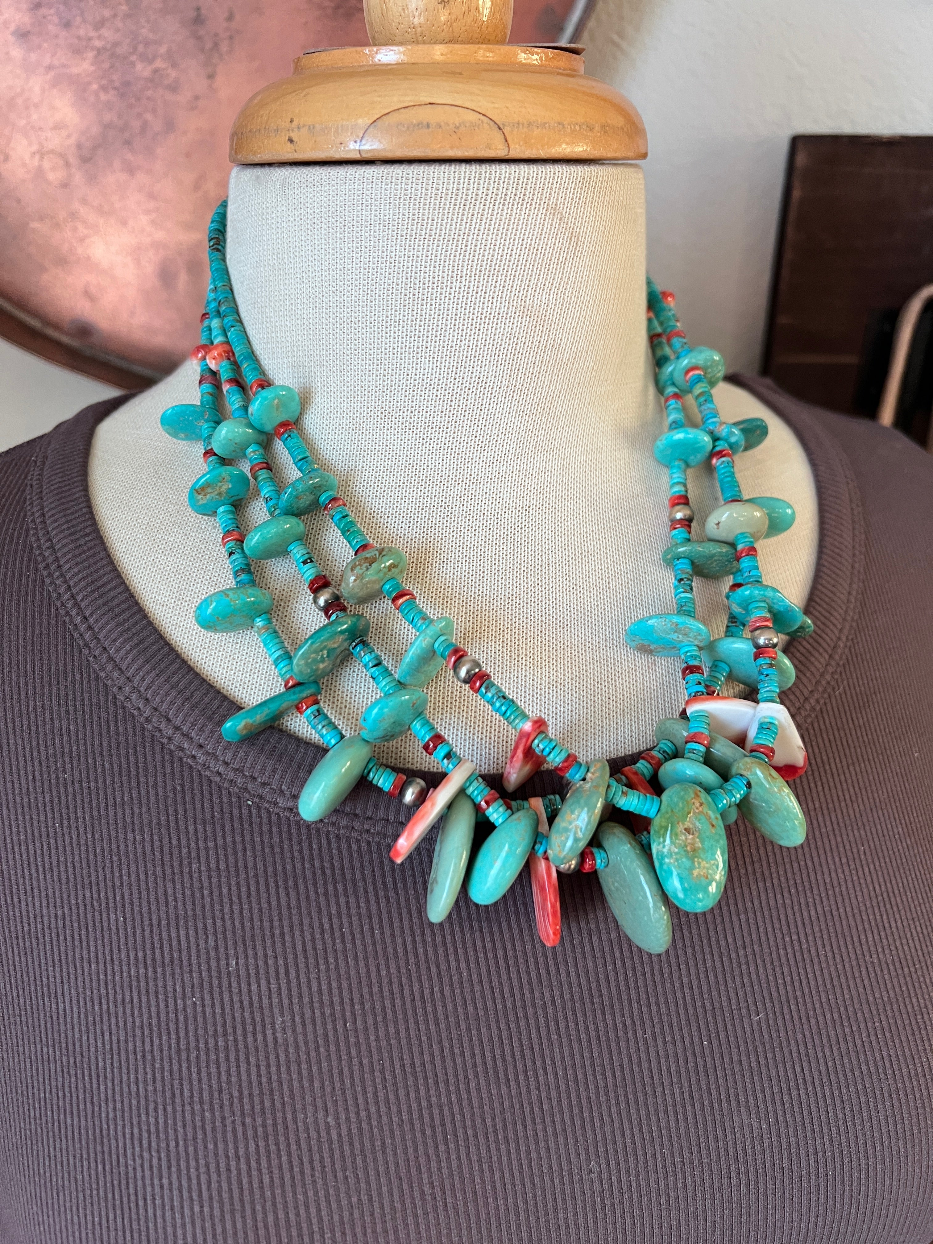 Gorgeous Handcrafted Triple Strand Sterling Silver, Turquoise and Spiny Oyster Beaded Tab Necklace by Daniel Coriz