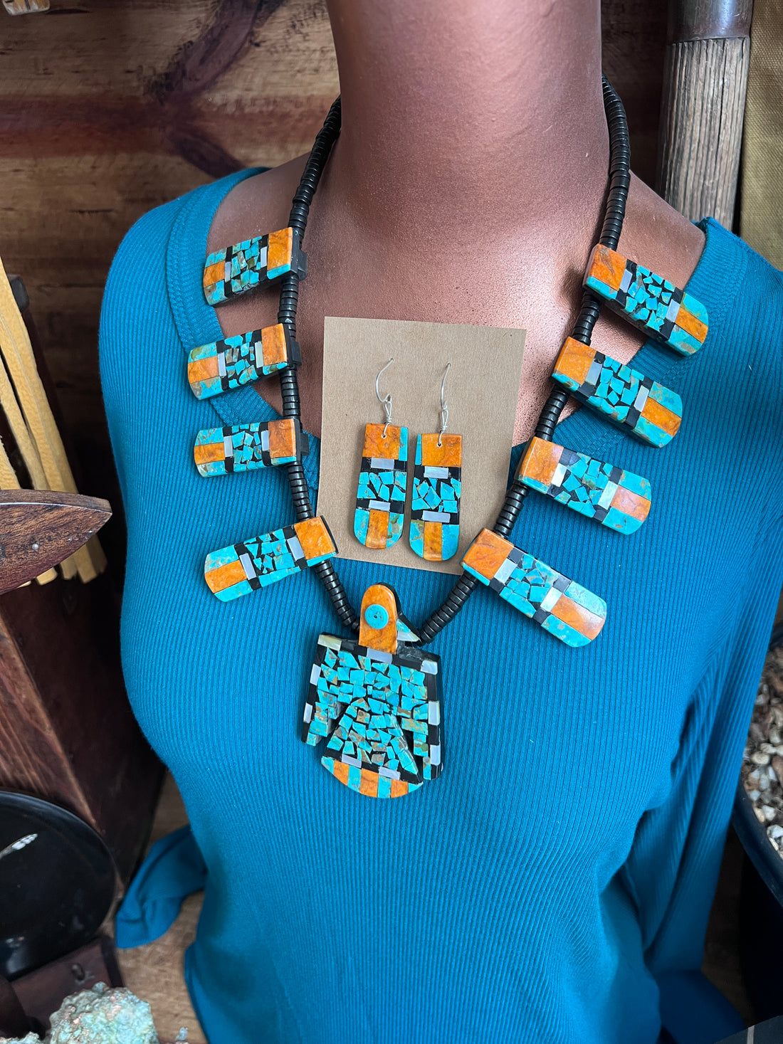 Handcrafted Inlay Turquoise and Apple Coral Thunderbird Tab Necklace & Earrings Set by Warren Nieto