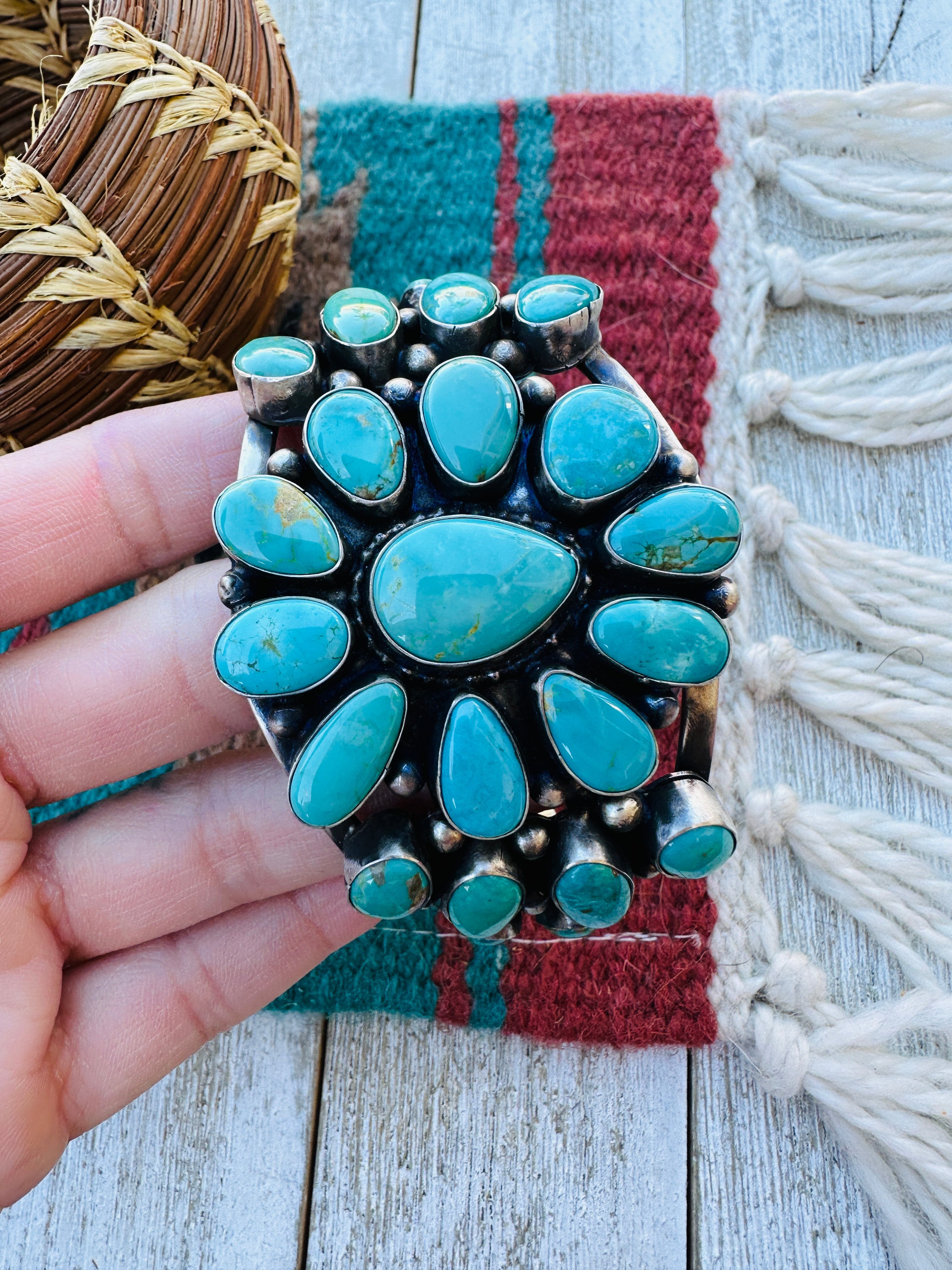 Handcrafted Sterling Silver & Blue Water Turquoise Cluster Cuff Bracelet by Bobby Johnson