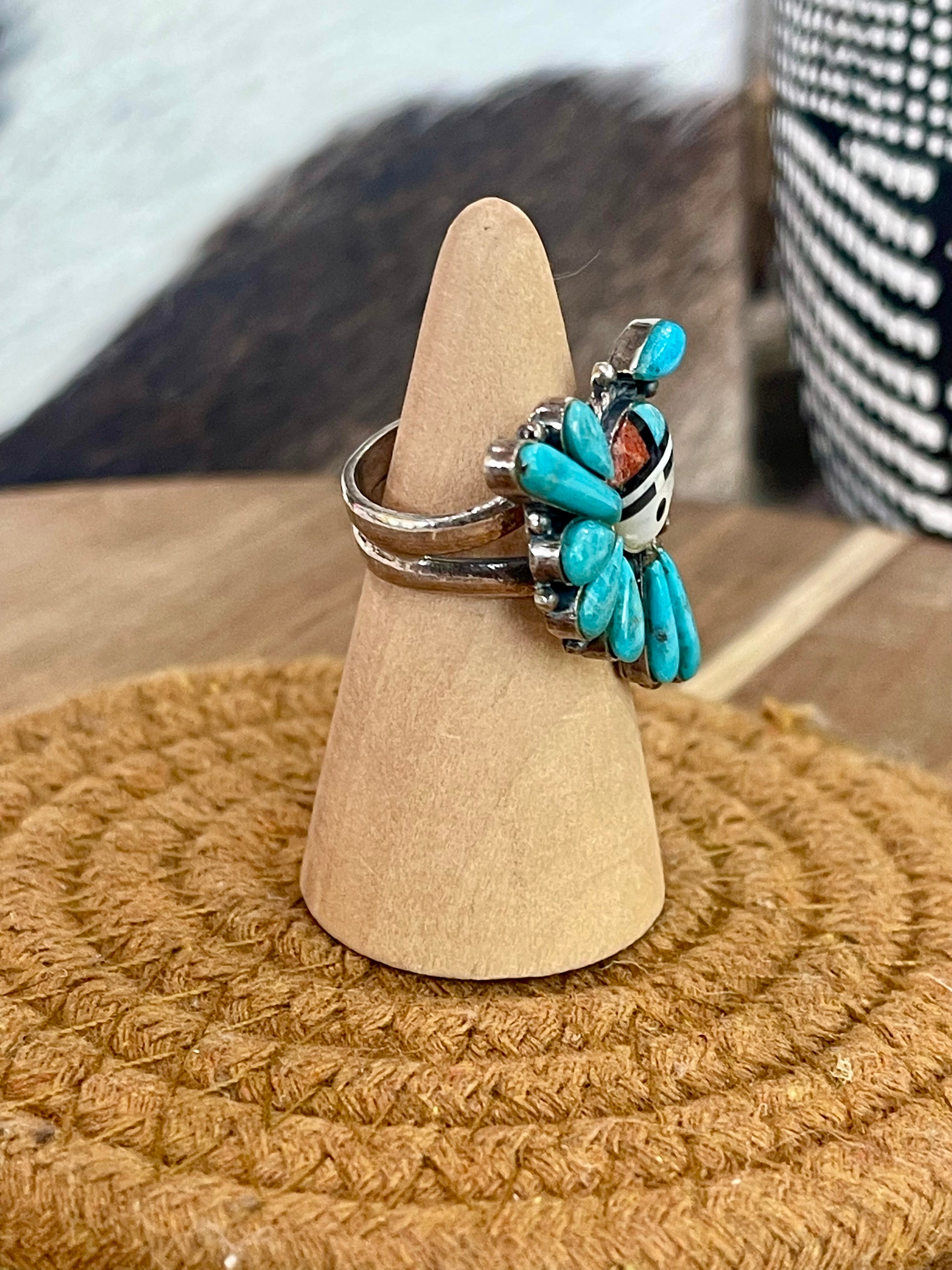 Handmade Sterling Silver, Turquoise & Multi Stone Sunface Adjustable Ring