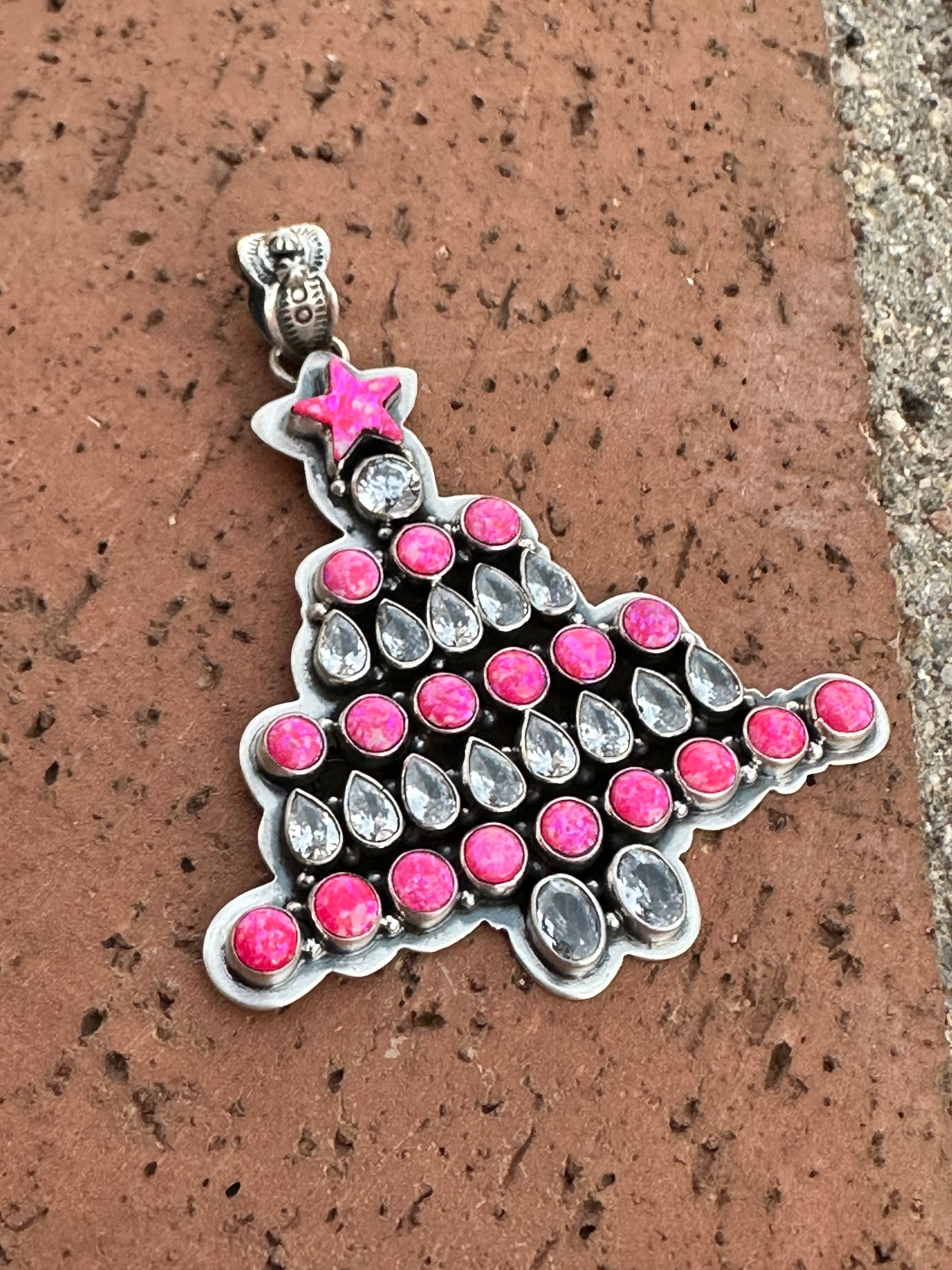 Handmade Sterling Silver & Hot Pink Opal Christmas Tree Pendant