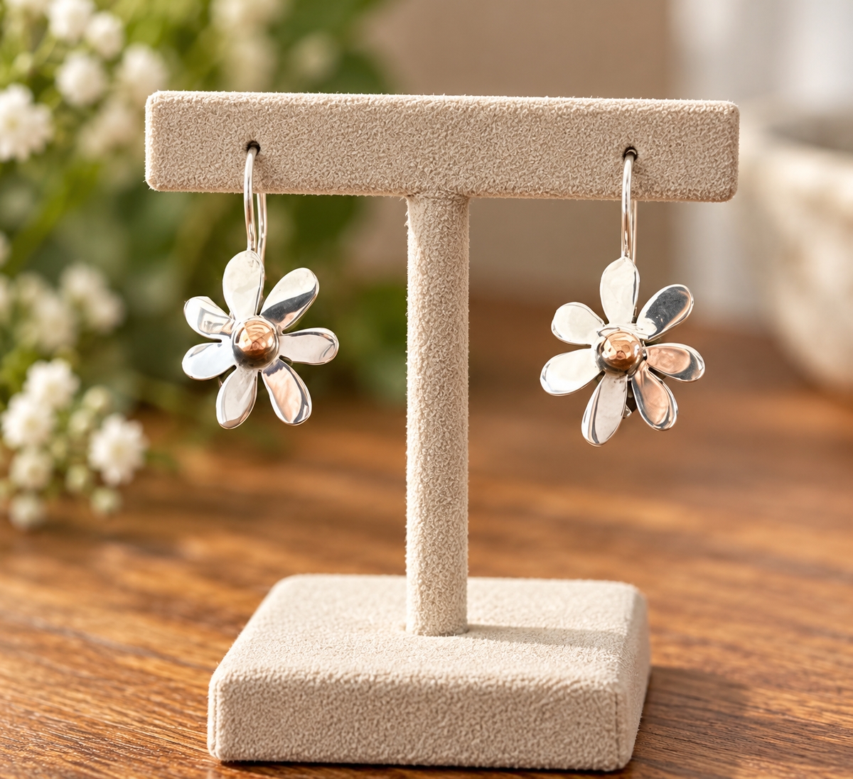Copper Daisy Flower & Sterling Silver Dangle Earrings On Fixed Hook