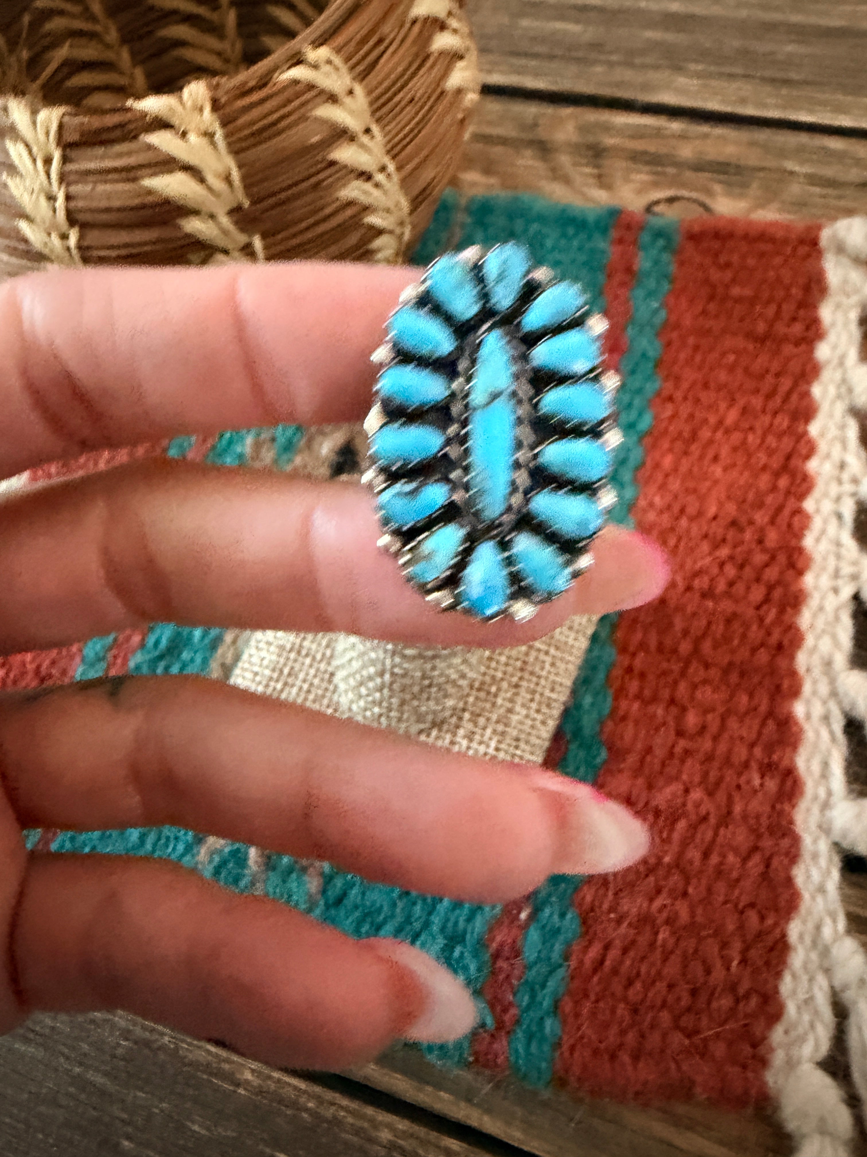 Handcrafted Turquoise & Sterling Silver Cluster Ring by Leander Nez