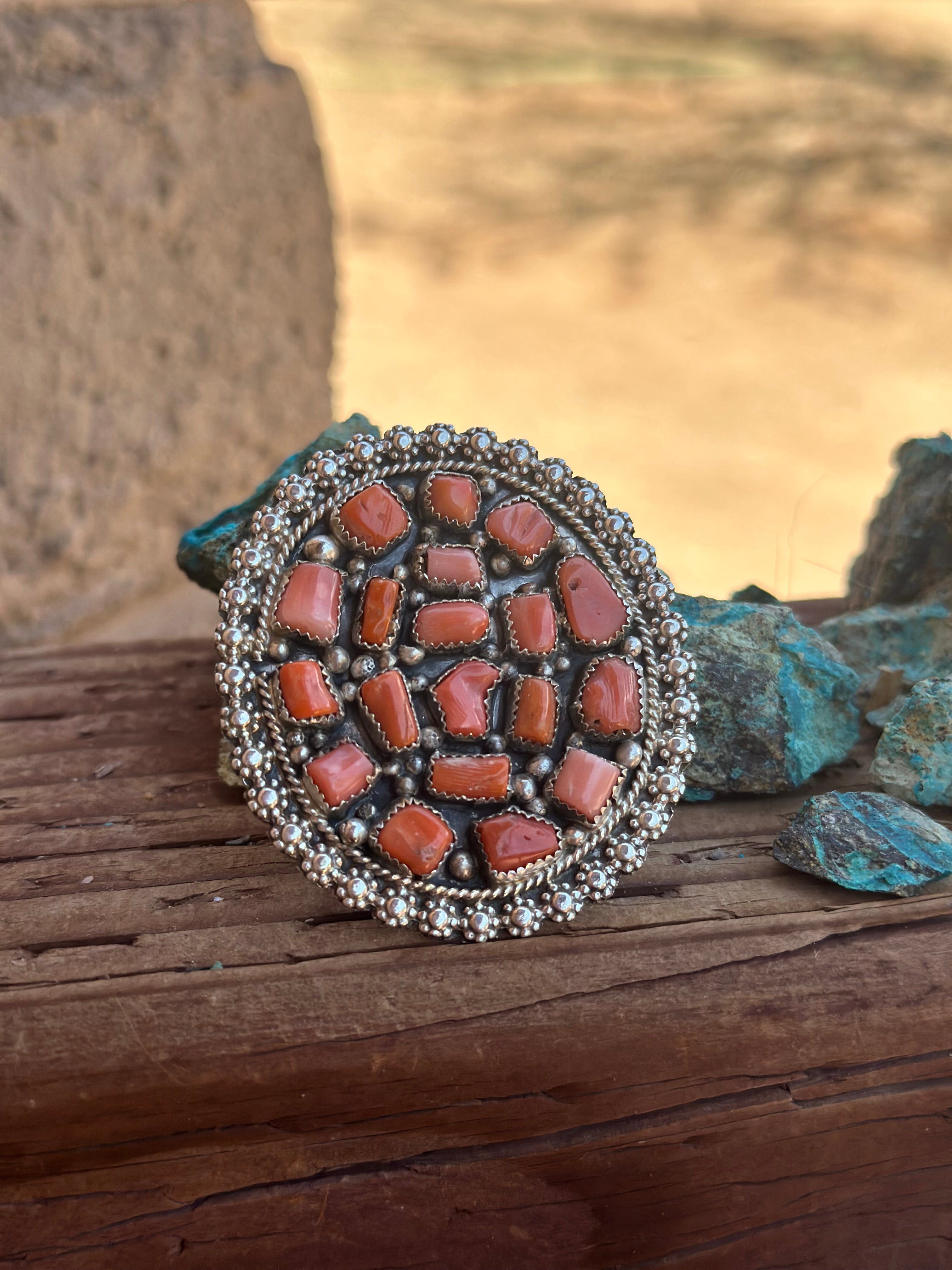 Handcrafted Old Pawn Natural Coral Cluster Ring Adjustable