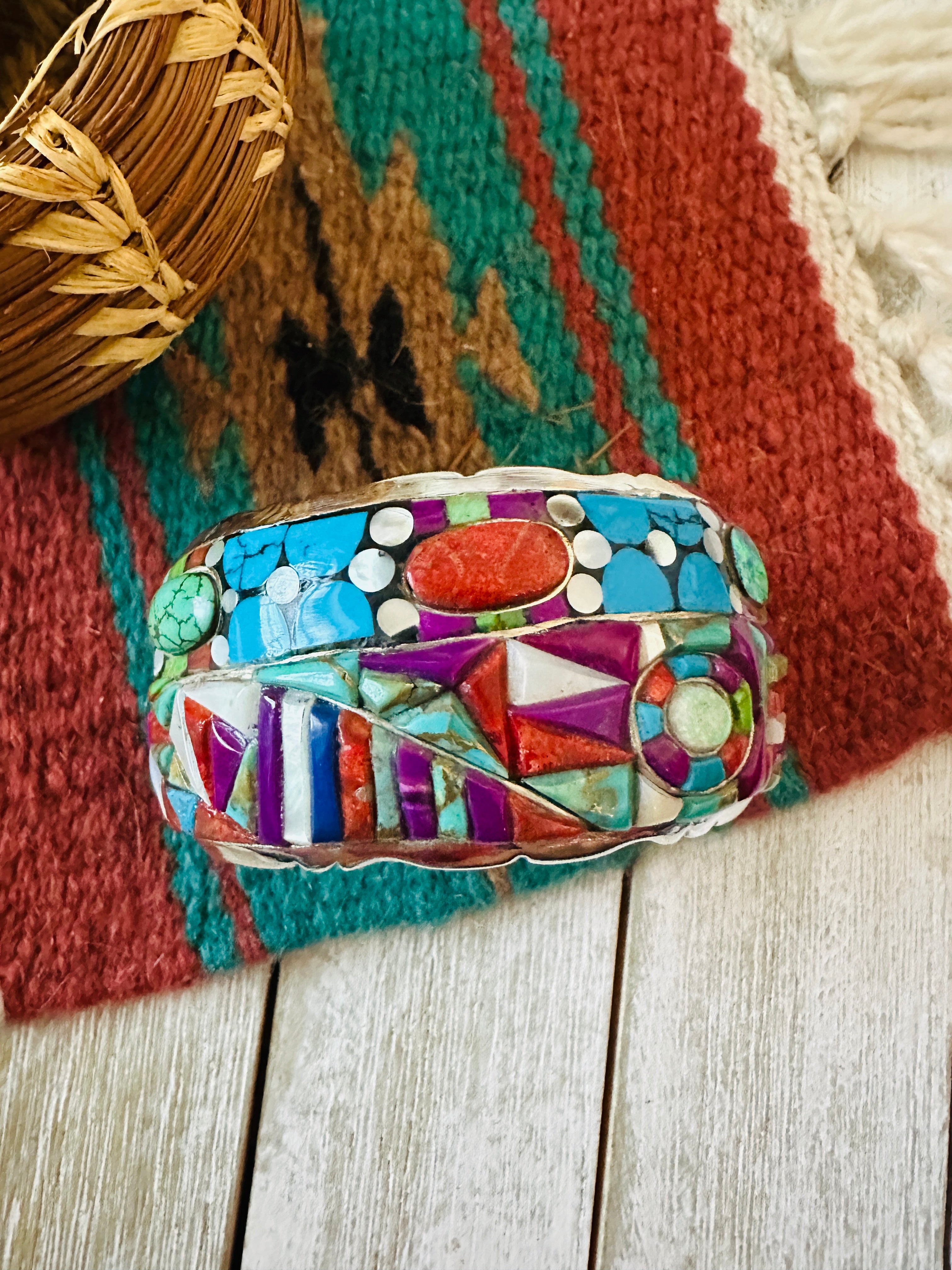 Handmade Sterling Silver Multi Stone Inlay Cuff