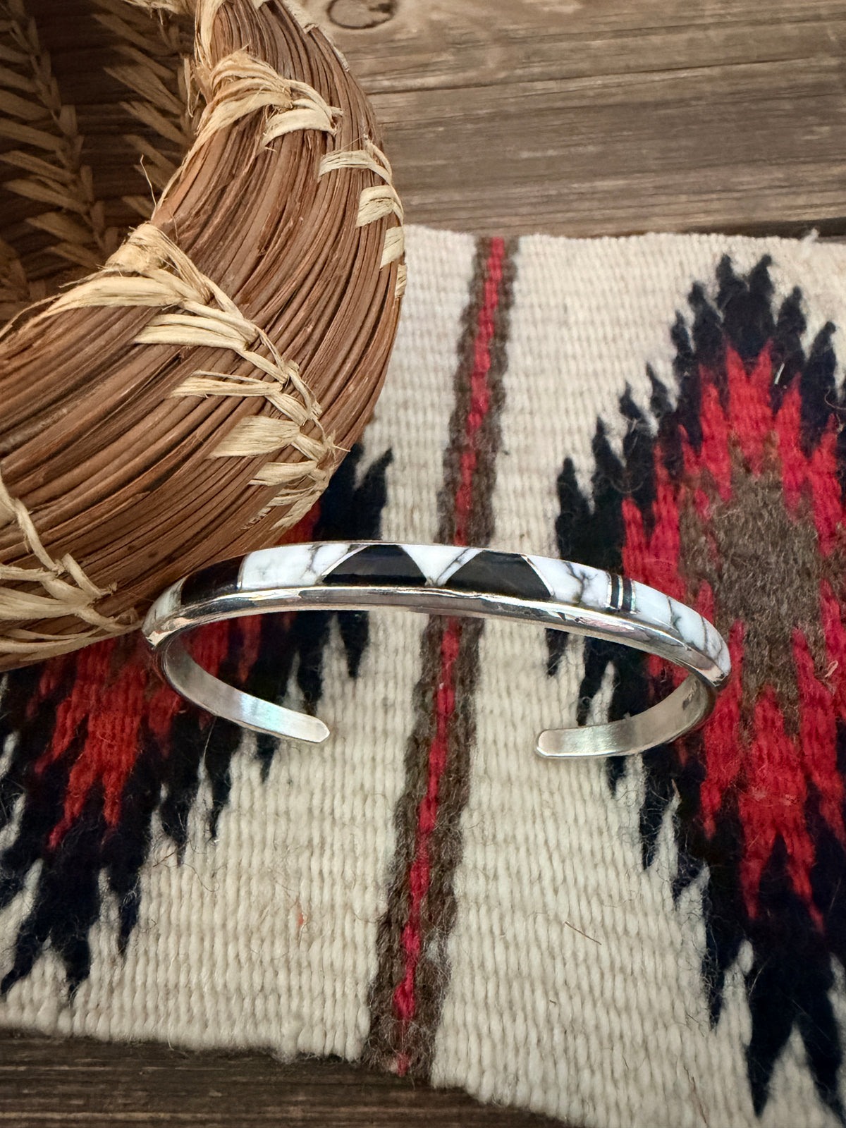 Handcrafted White Buffalo, Onyx & Sterling Silver Inlay Cuff Bracelet