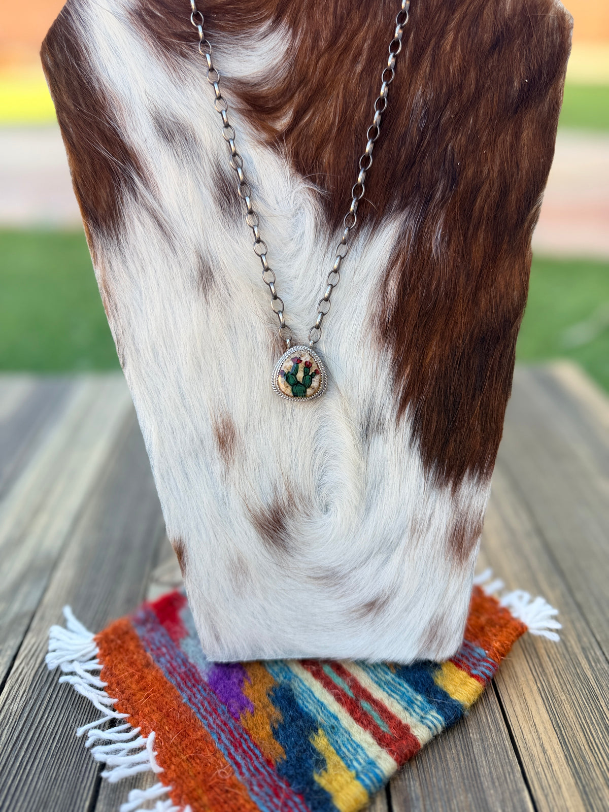 Handmade Sterling Silver & Jasper Painted Cactus Necklace