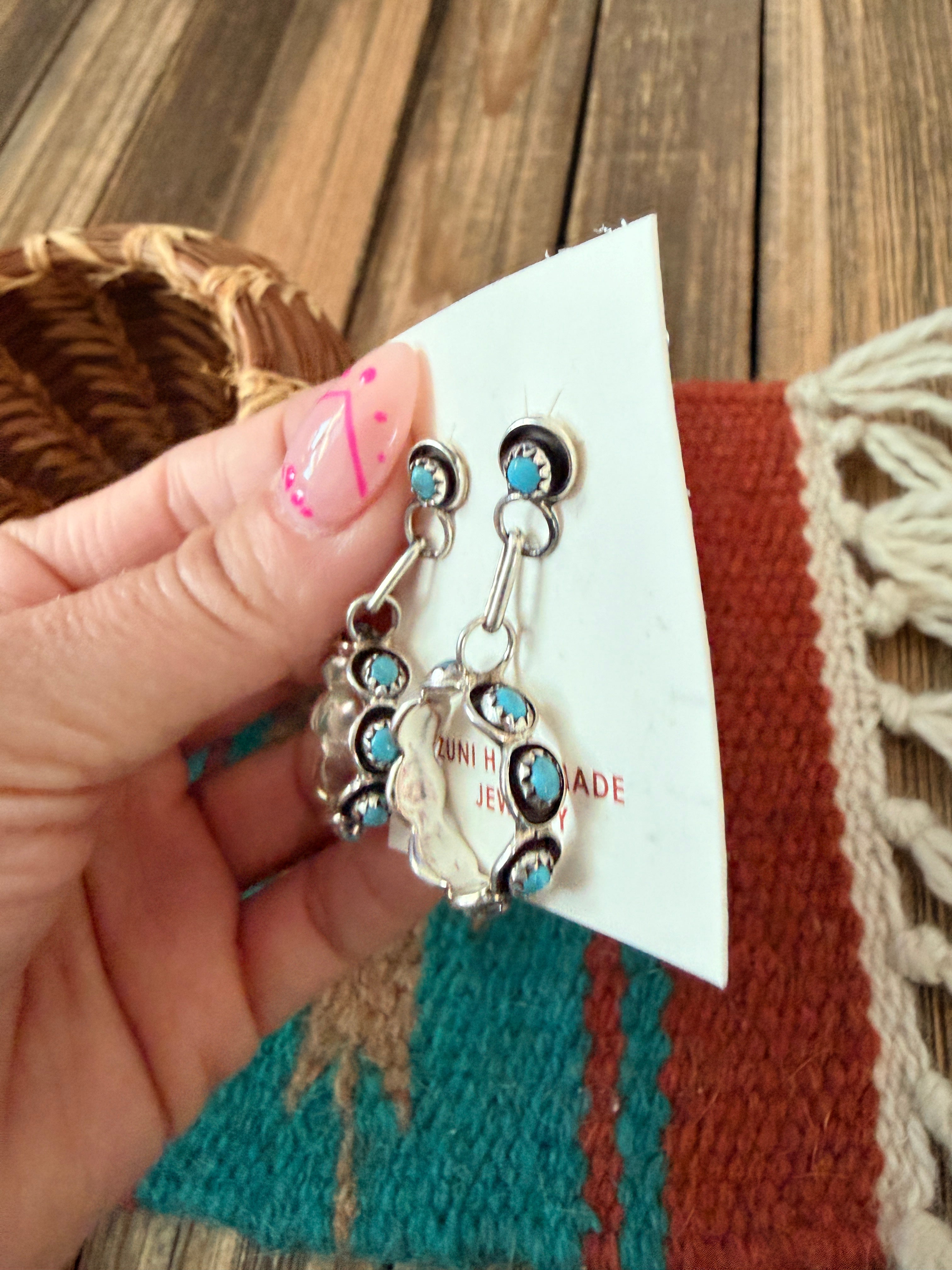 Handcrafted Sterling Silver & Turquoise Petit Point Dangle Hoop Earrings