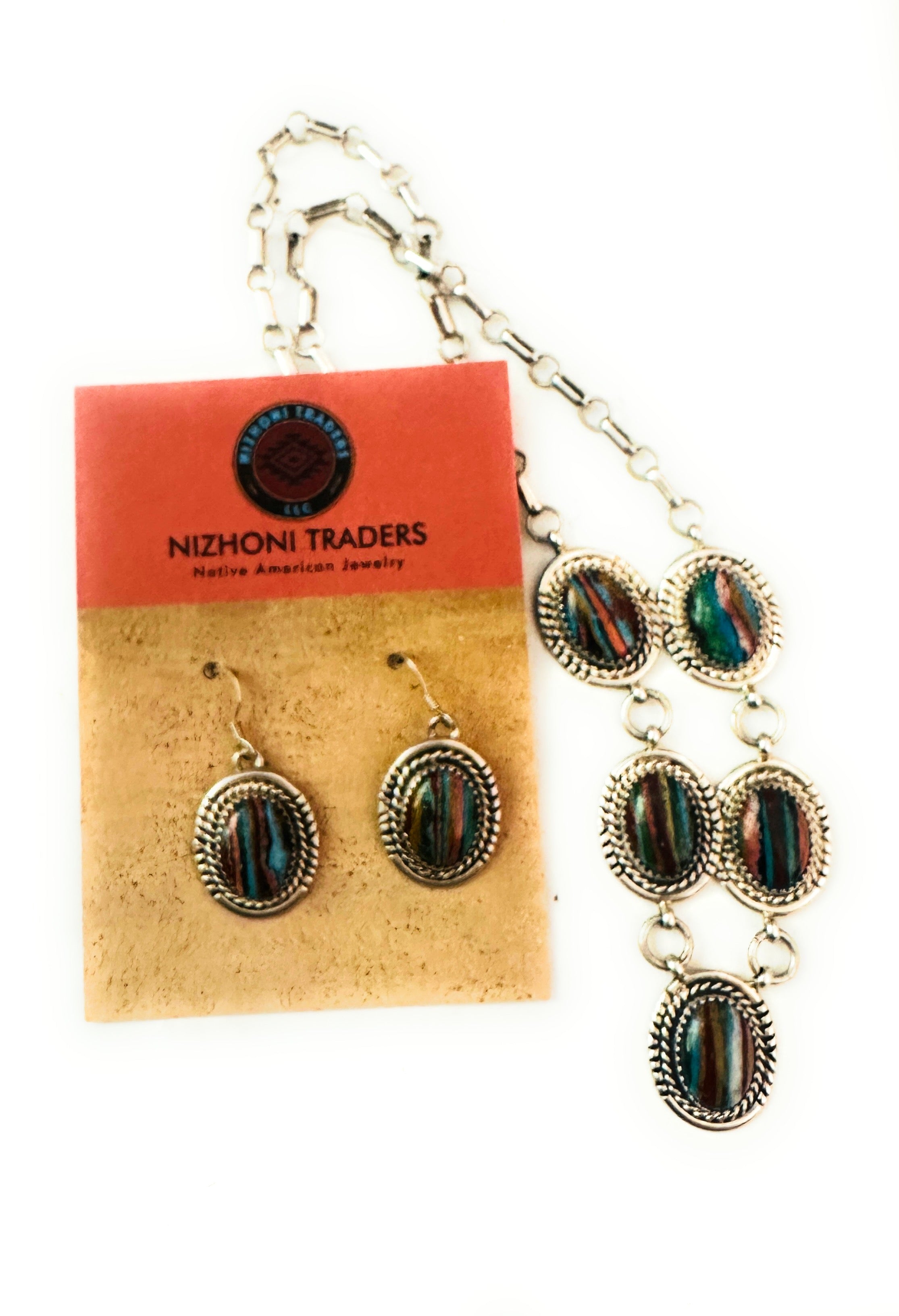 Navajo Rainbow Calsilica & Sterling Silver Necklace Set