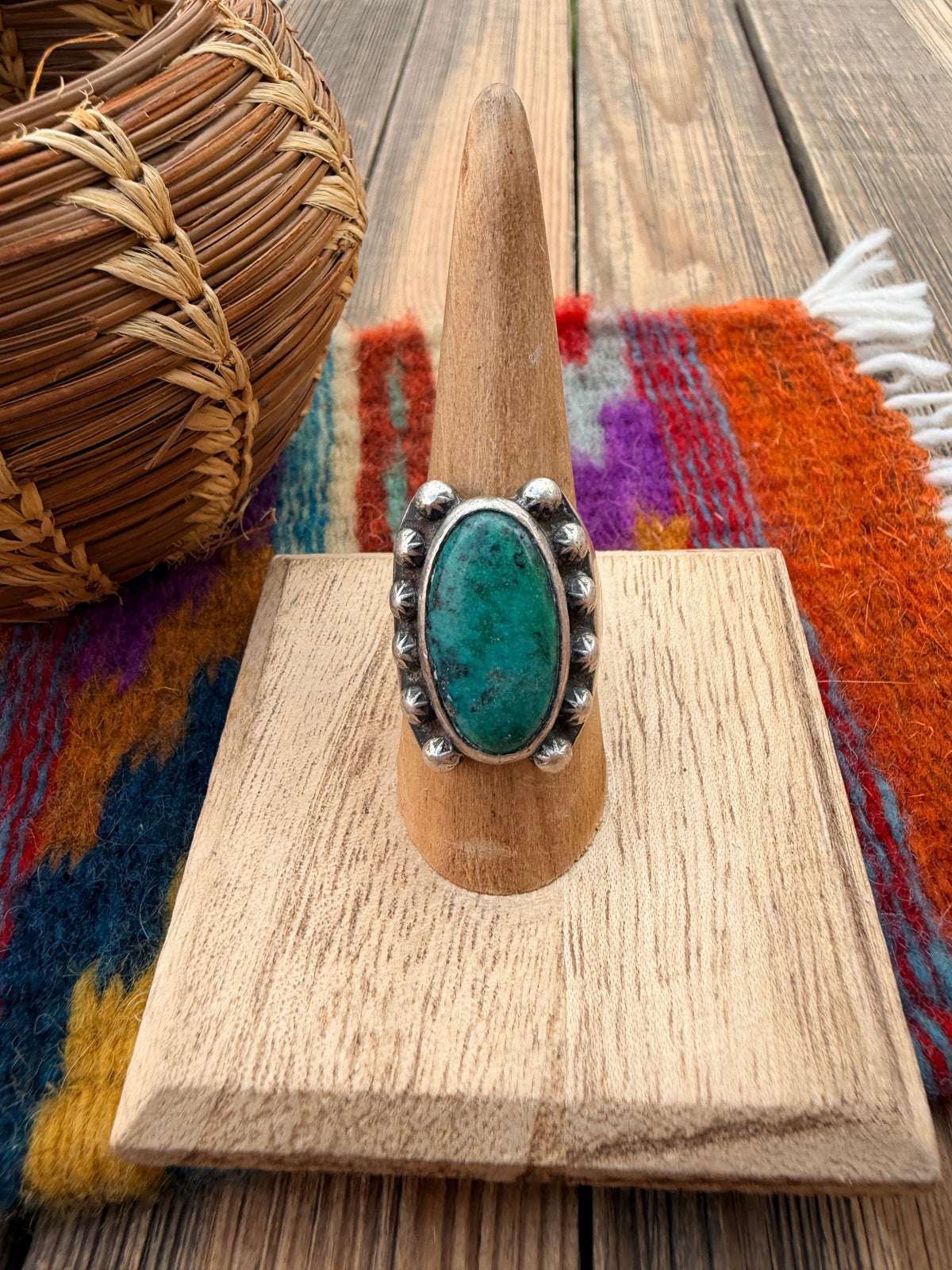 Old Pawn Handcrafted Turquoise & Sterling Silver Ring Size 8