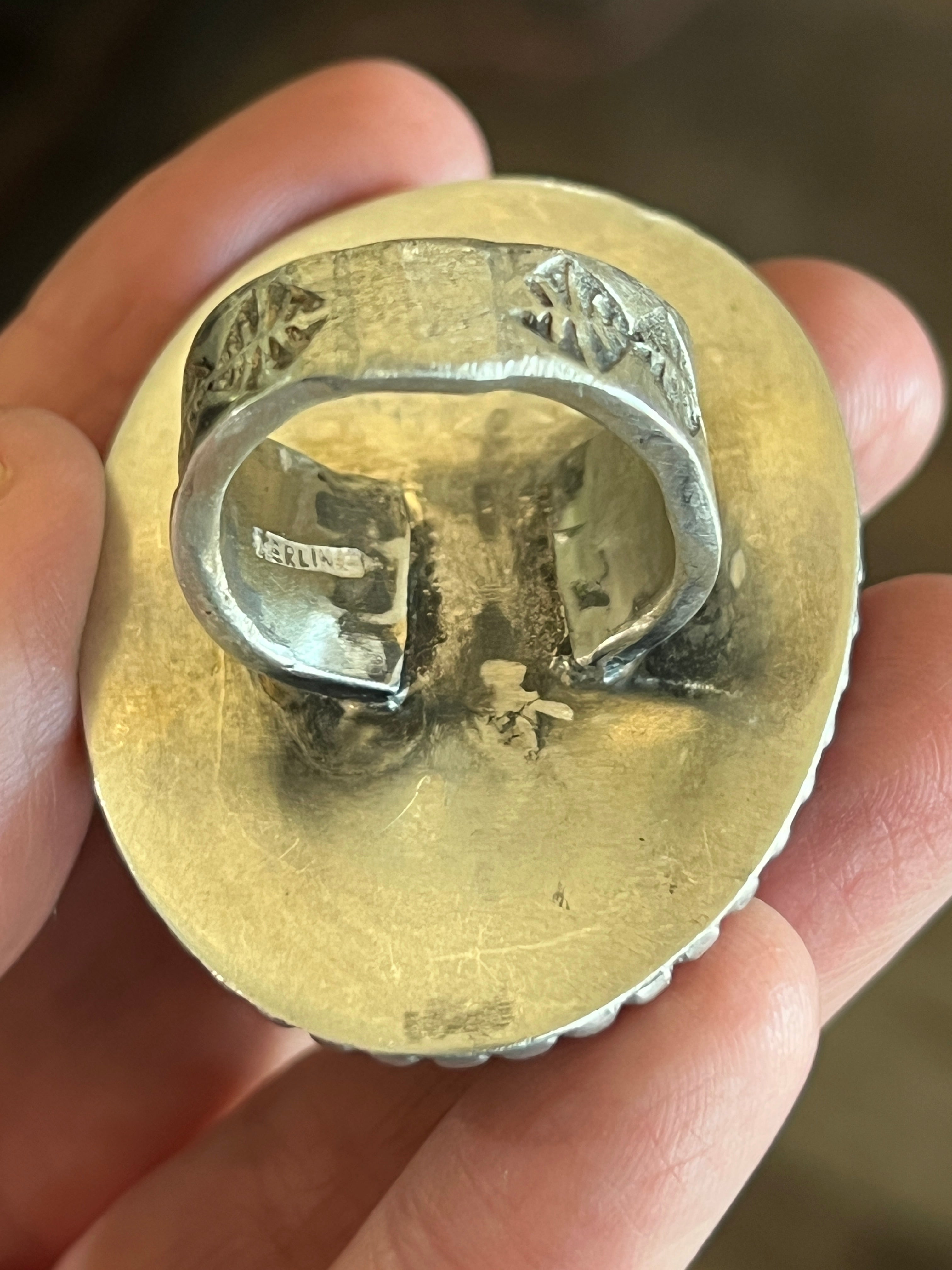 Vintage Sterling Silver and Wood Ring with Turquoise and Mother of Pearl Inlay Steer Head, Size 10.5