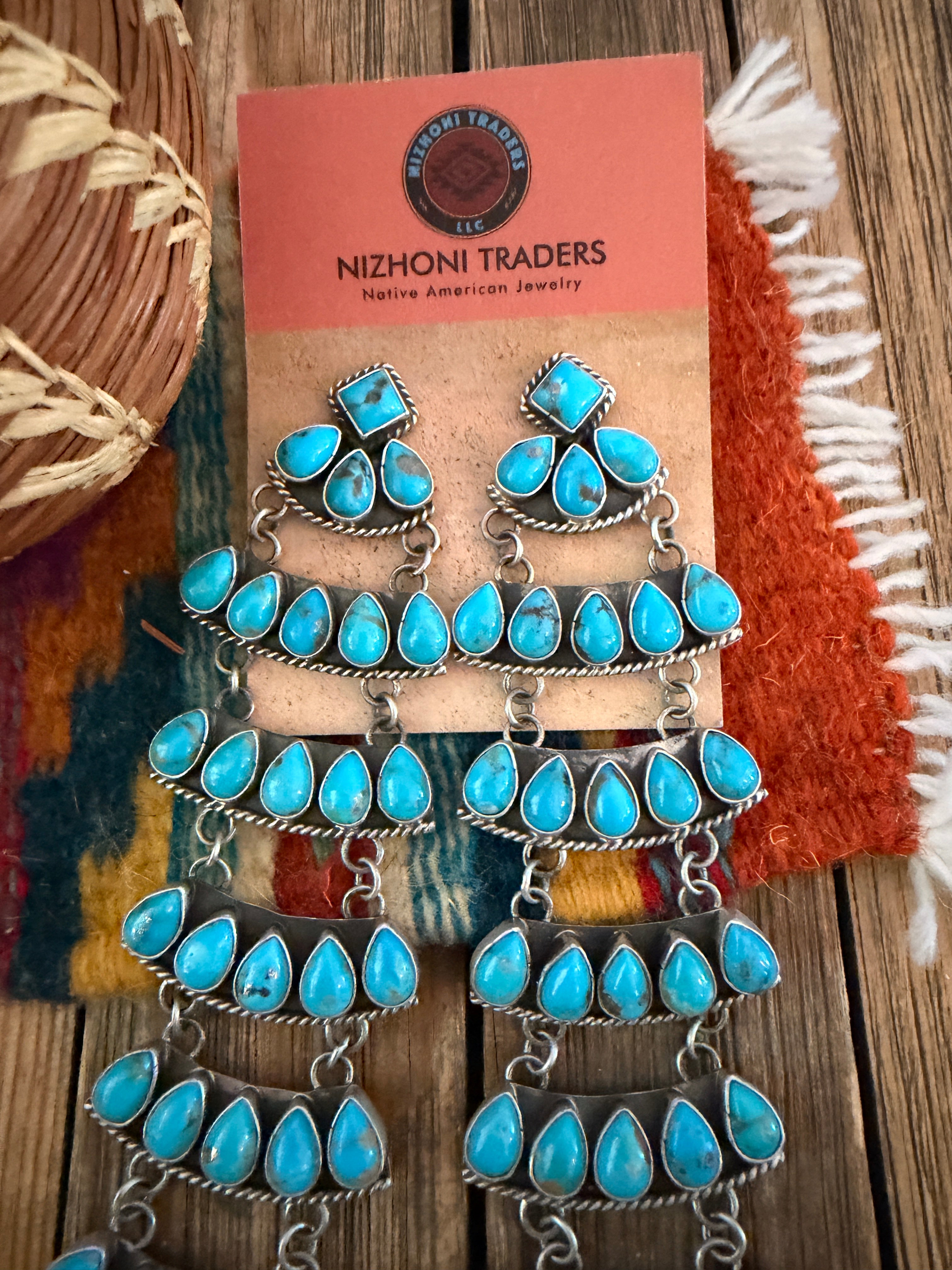 Handcrafted Turquoise & Sterling Silver Chandelier Dangle Earrings by Charles Johnson