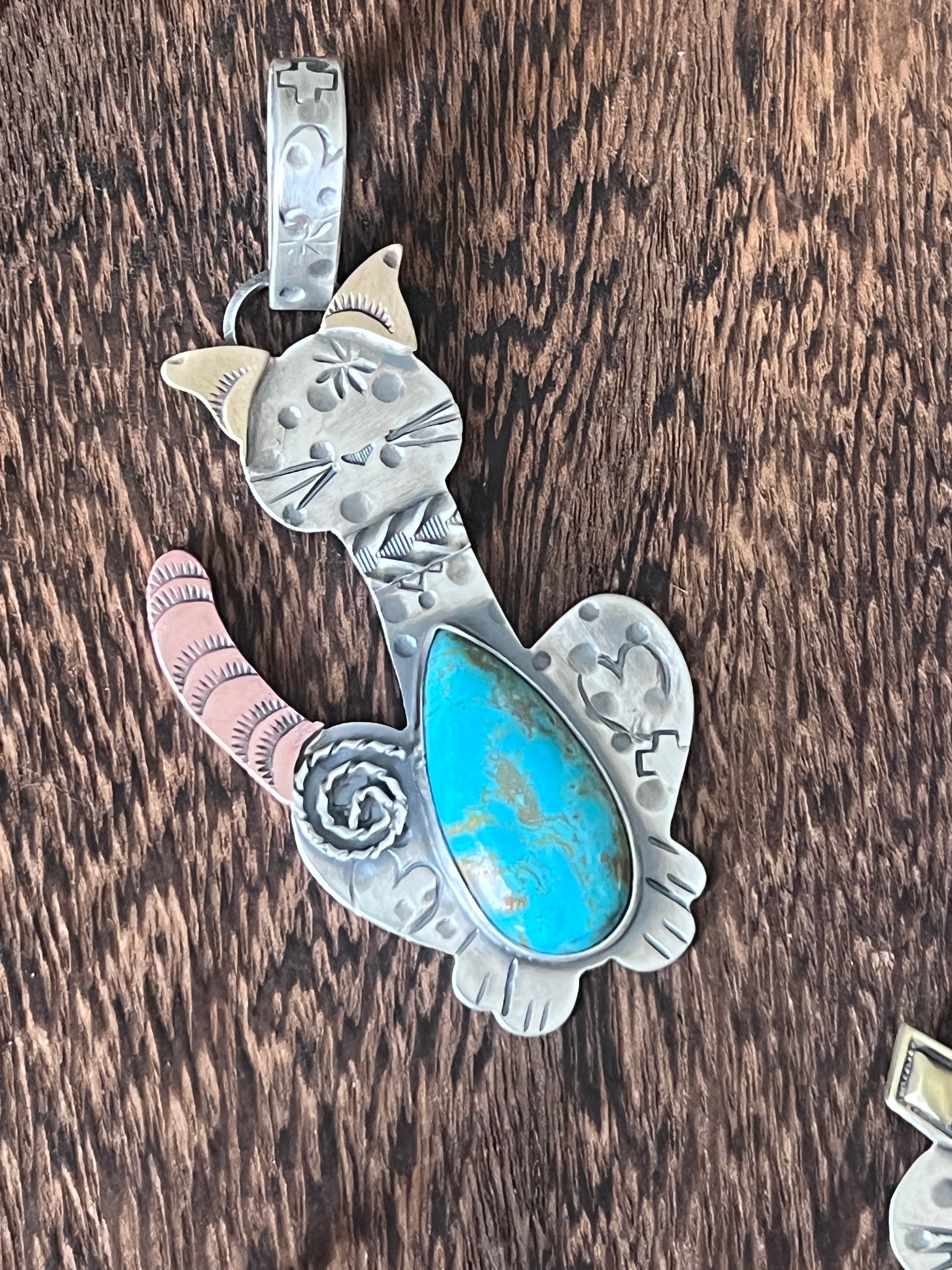 The Kimi-Cats: Hand Stamped and Layered Sterling Silver, Brass, Copper, Turquoise & Spiny Oyster Cat Pendants by Kimari Somers