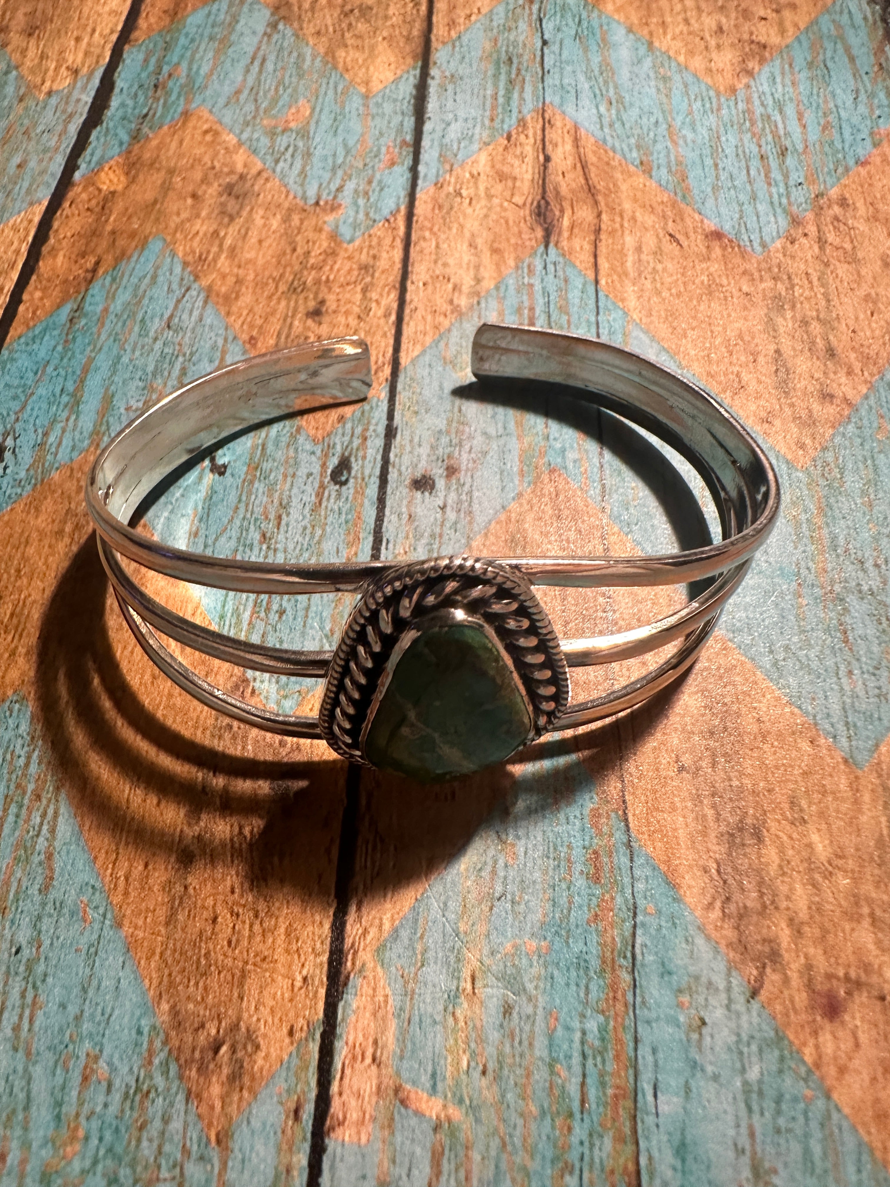 Handmade Sonoran Turquoise & Sterling Silver Single Stone Adjustable Cuff Bracelet