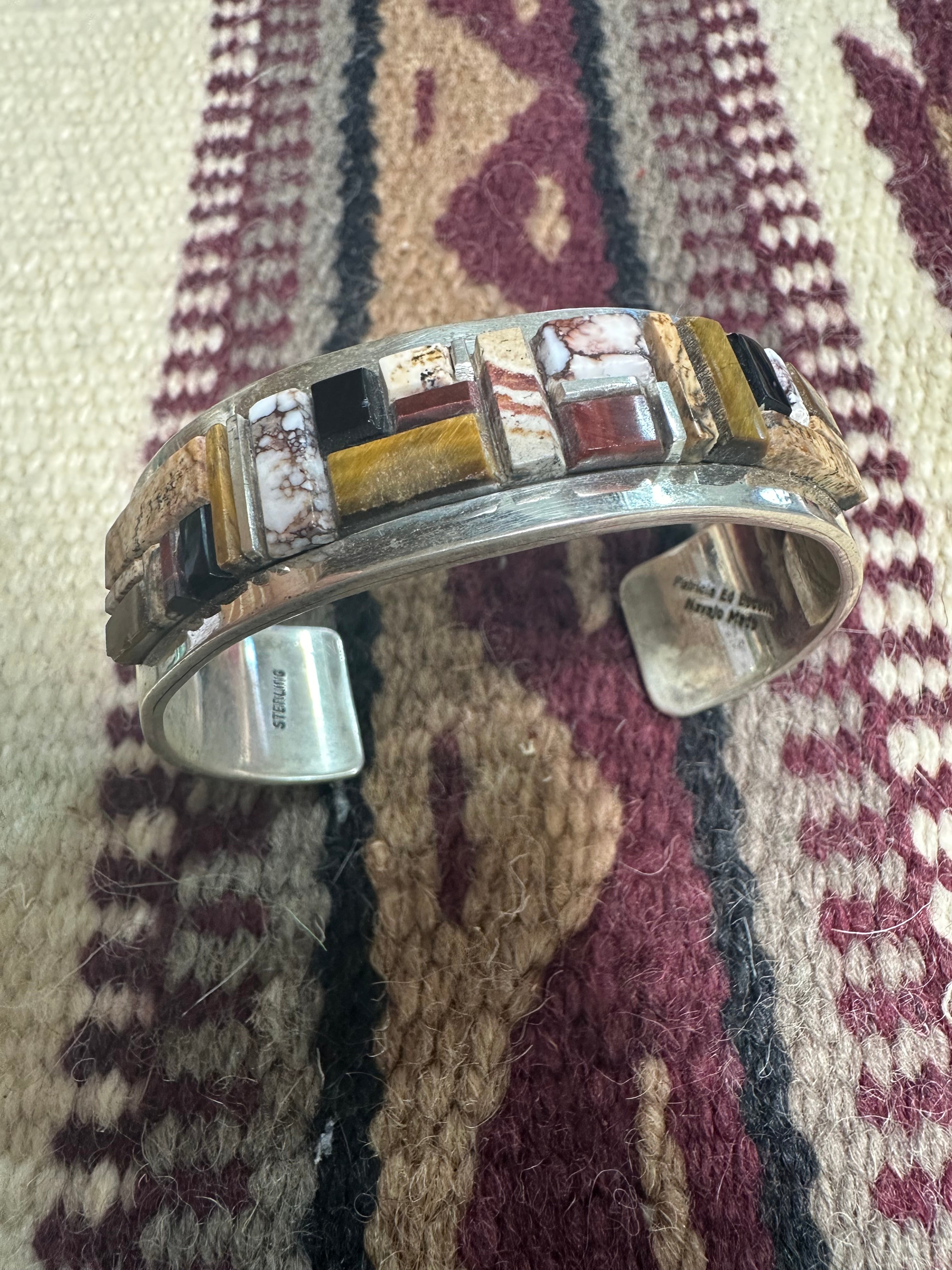 Navajo Multi Stone & Sterling Silver Inlay Cuff Bracelet Signed Patricia Becenti